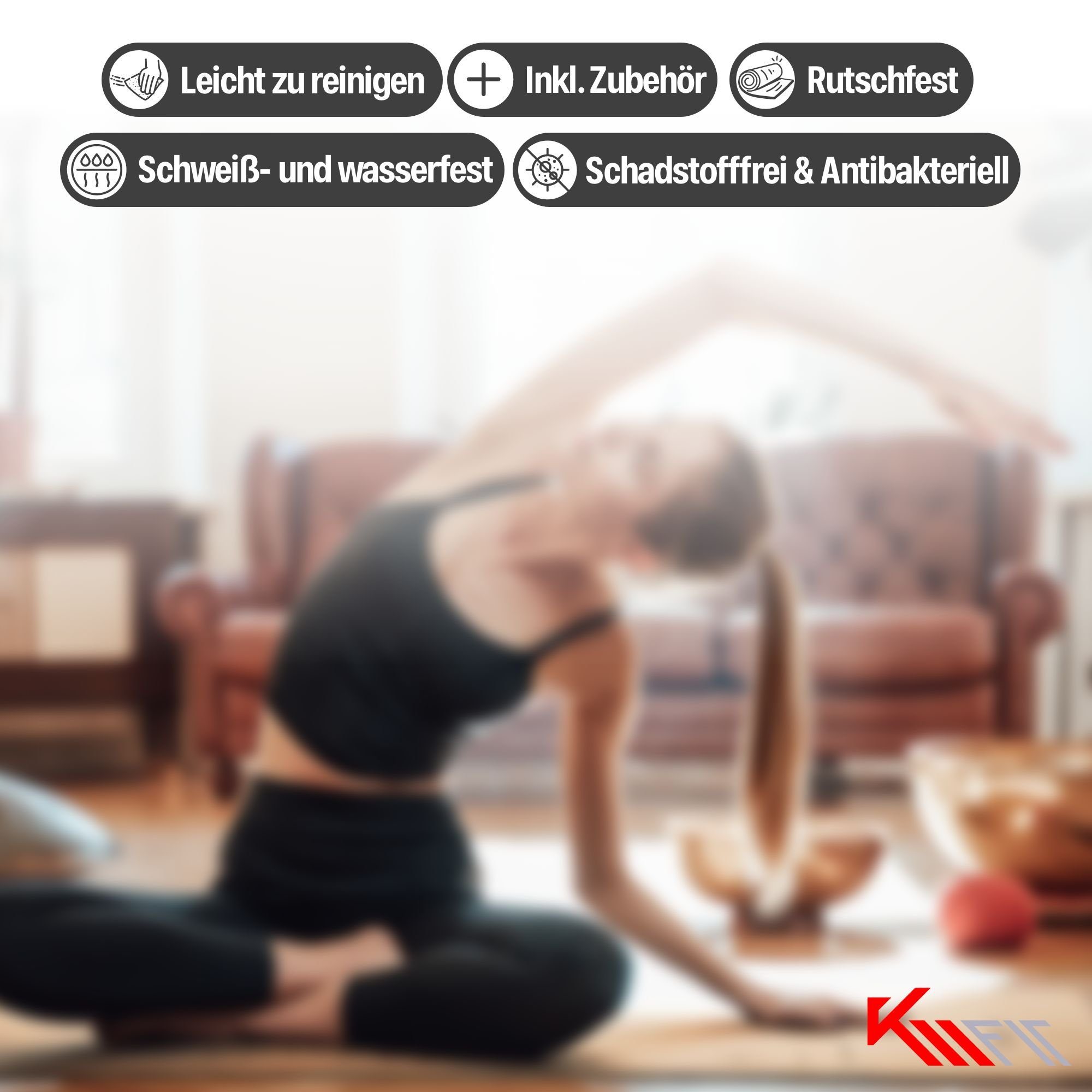 KM - Fit Yogamatte Gymnastikmatte Fitnessmatte Pilates Sportmatte Bodenmatte mit Tasche (Set), extra dick, rutschfest, nachhaltig