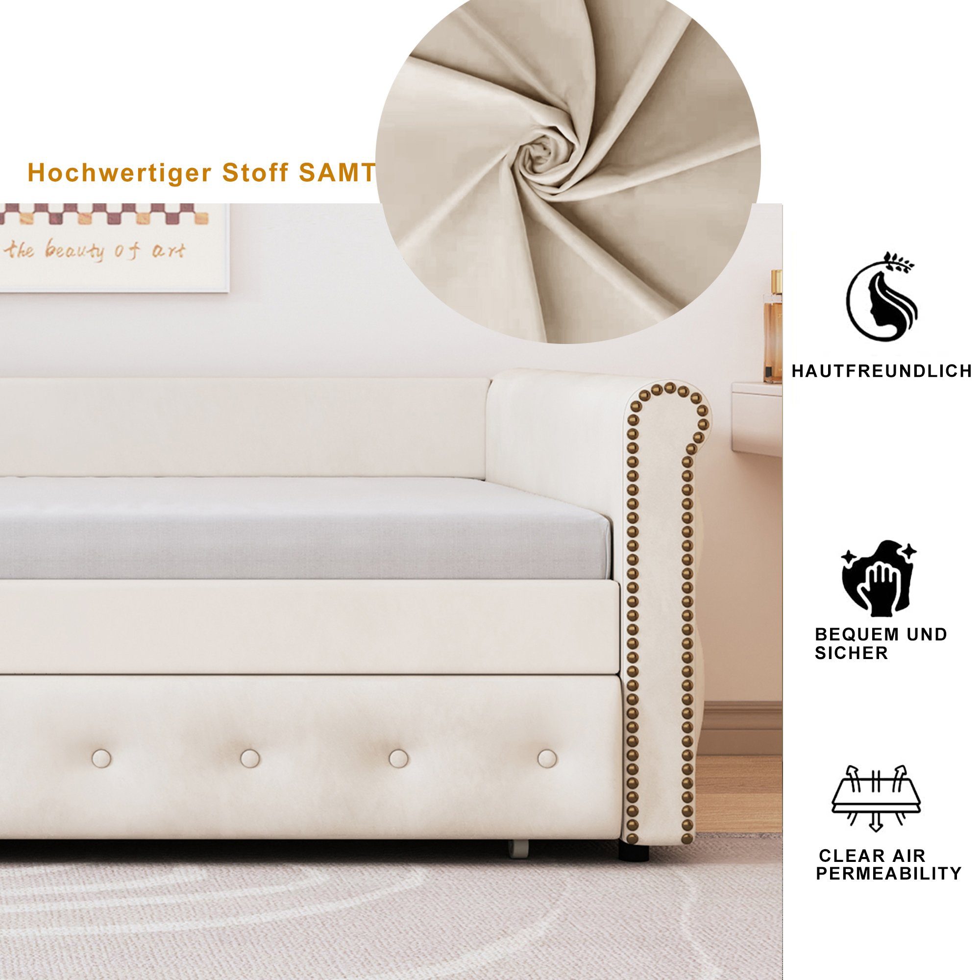 SOFTWEARY Schlafsofa Einzelsofa mit Bettfunktion, Ausziehbett inkl. Lattenrost, 90x200 cm, Einzelbett, Jugendbett aus Holz, Bezug aus Samt