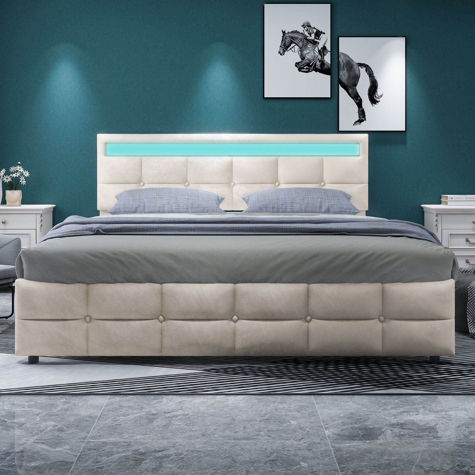 HAUSS SPLOE Polsterbett Polsterbett Doppelbett Funktionsbett Bettrahmen mit Schubladen (180 x 200 cm, Lattenrost und Rückenlehne, Matratze nicht enthaltet), Ohne Matratze
