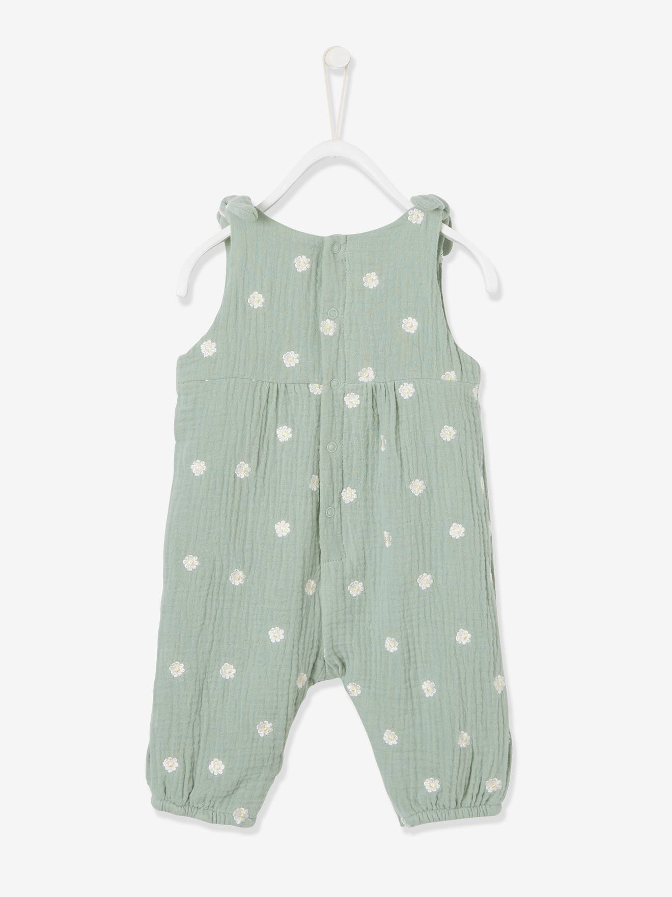 Combinaison bébé naissance brodée en gaze de coton tilleul