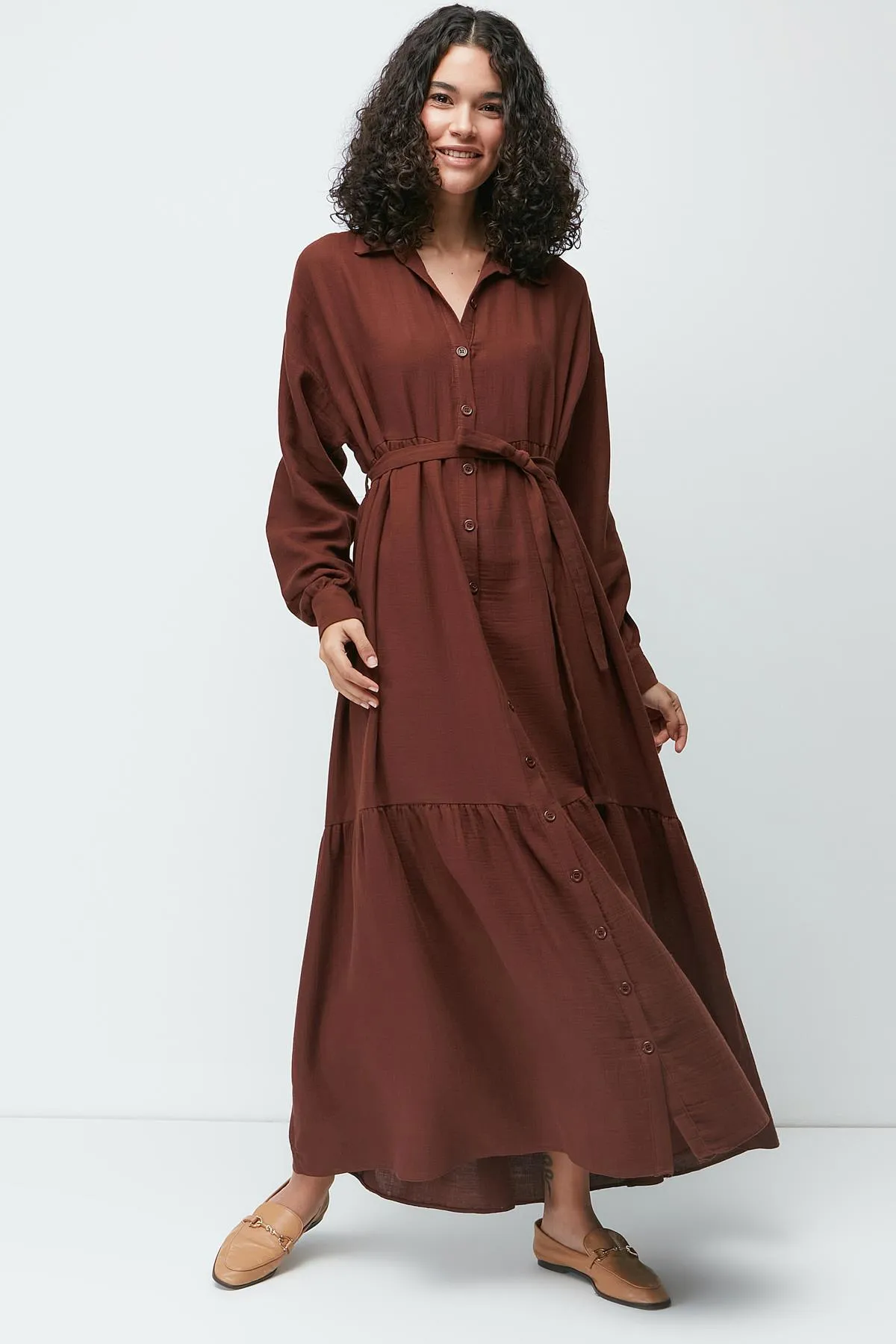 C&City  Langarmkleid aus Bio-Baumwollmusselin 9128 Braun