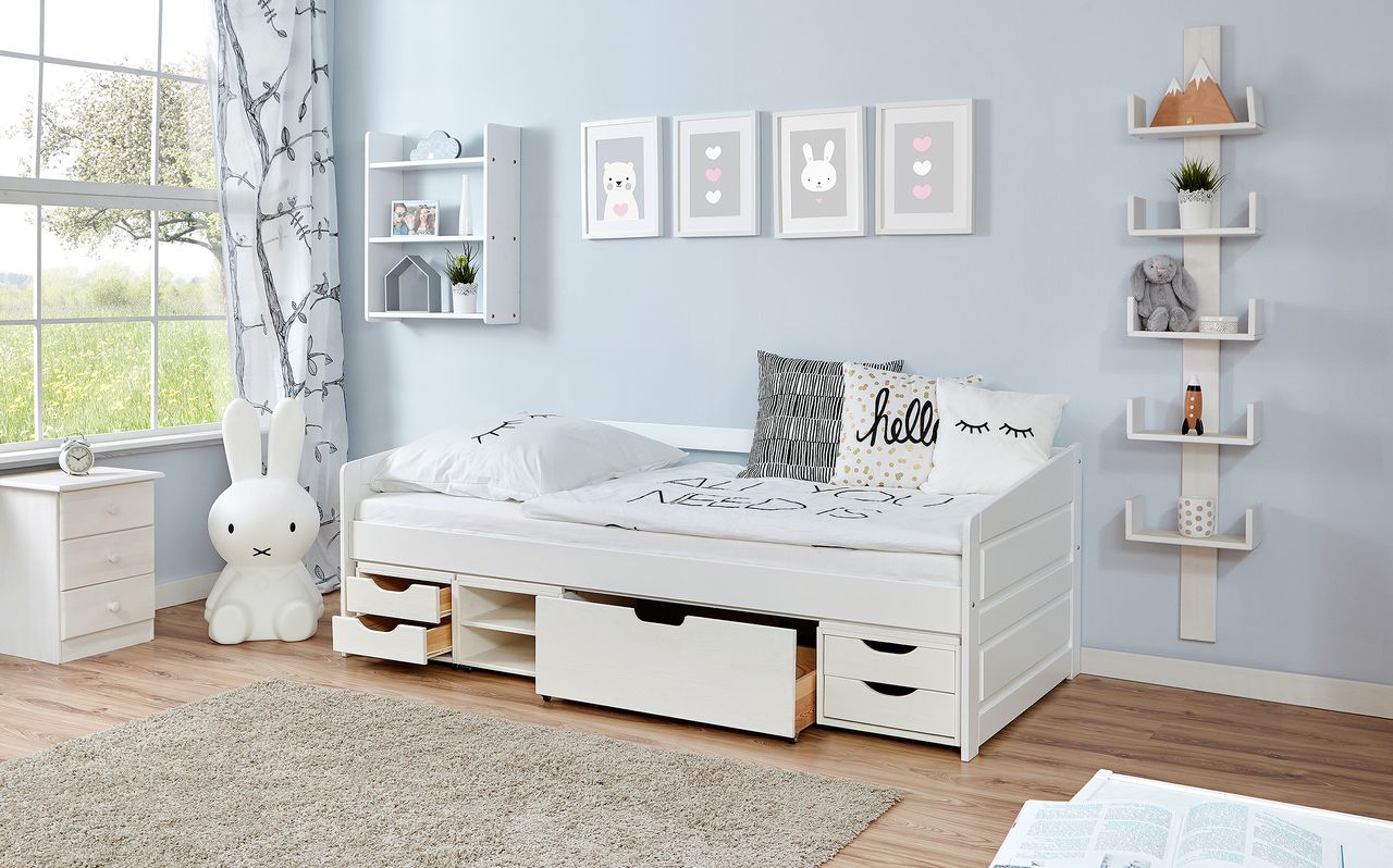 Ticaa Sofabett Micki Buche weiß Var 3 - mit 4er Funktionsschubkasten