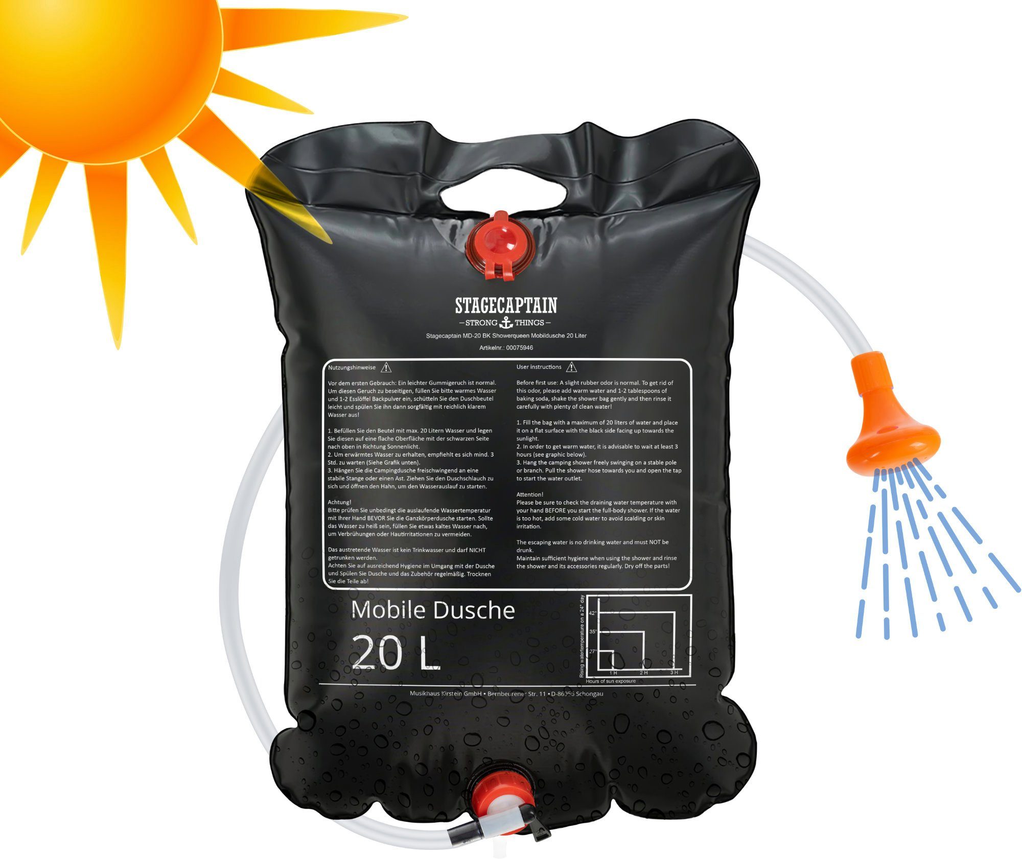 Stagecaptain Solardusche MD-20 BL Mobildusche mit 20 Liter Volumen (Campingdusche, 1 St., Inkl. Netzbeutel und Aufhängevorrichtung), Reisedusche Solar mit Duschkopf