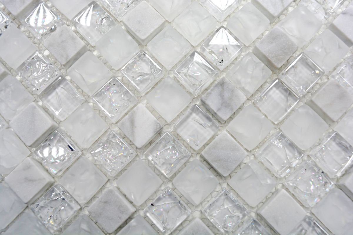 Mosani Mosaikfliesen Glasmosaik Naturstein Mosaik weiß glänzend / 10 Matten