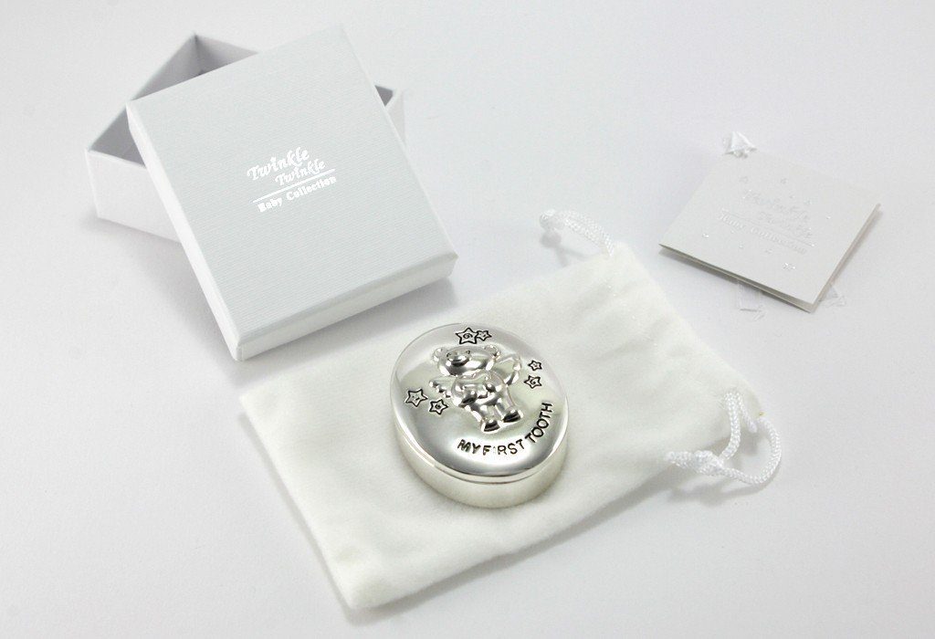 Brillibrum Zahndose Milchzahndose Bärchen-Motiv Tauf-Geschenk Baby Zahnbox Versilbert