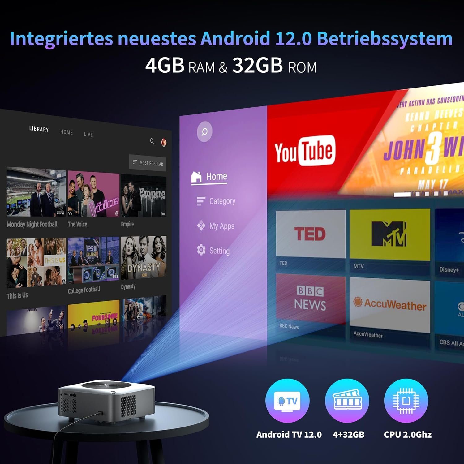 sainyer 4K mit Android 12.0 OS 4GB RAM 32GB ROM, [Digital Focus] Portabler Projektor (500 lm, 20000:1, 3840 x 2160 px, mit WiFi-6,Bluetooth 5.0 4K 8K-Unterstützung,Outdoor ZOOM 300)
