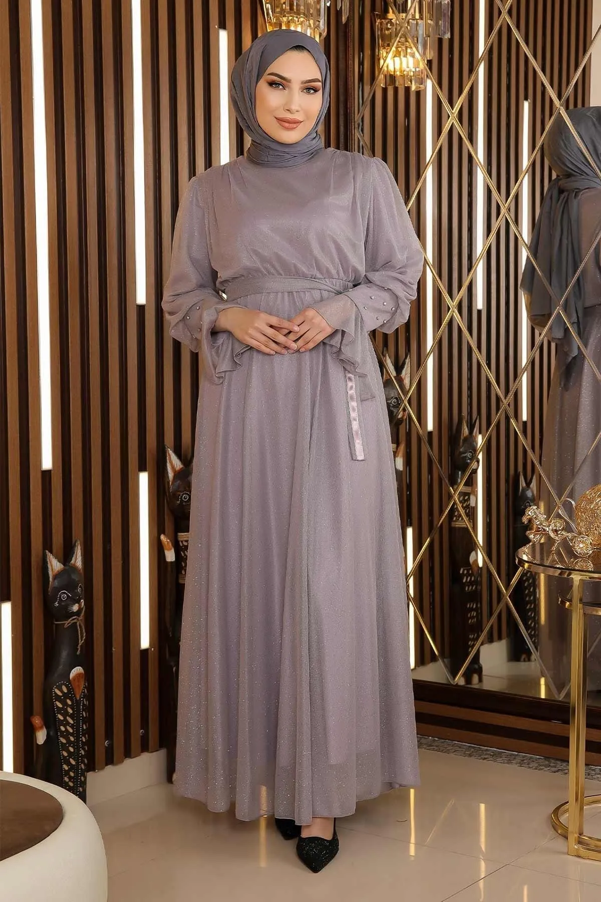 Modamihram  Abendkleid aus Chiffon mit Steindetail und Glitzer, Grau 19113