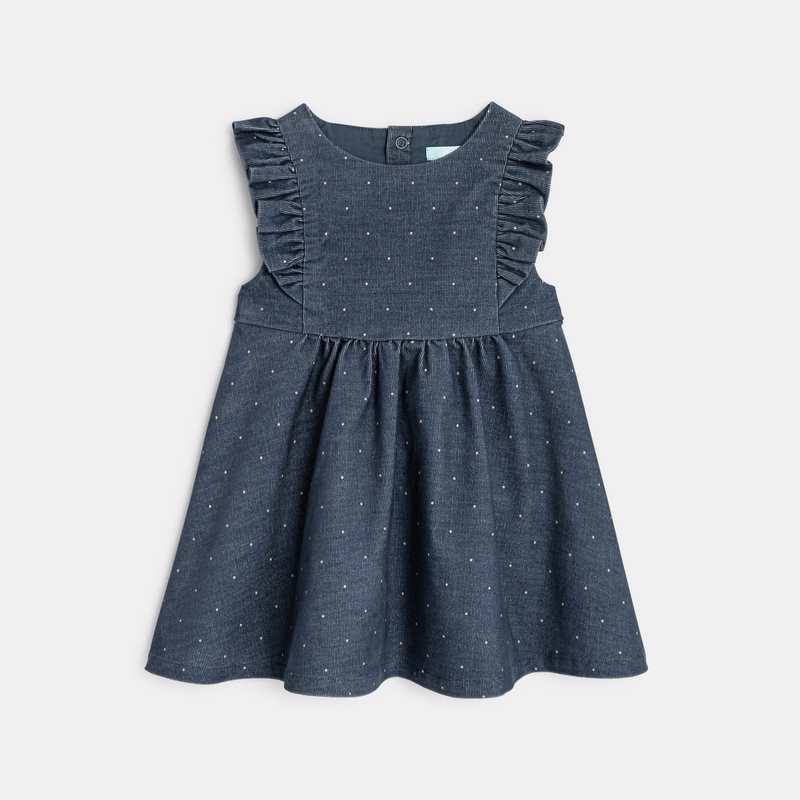 Robe à pois en velours côtelé bleue bébé fille