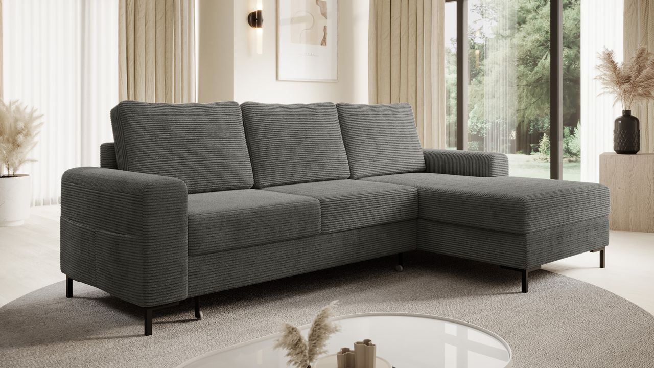 Möbel Punkt Ecksofa SAIGON Cord Anthrazit Grau mit Bettfunktion und Bettkasten Ottomane rechts