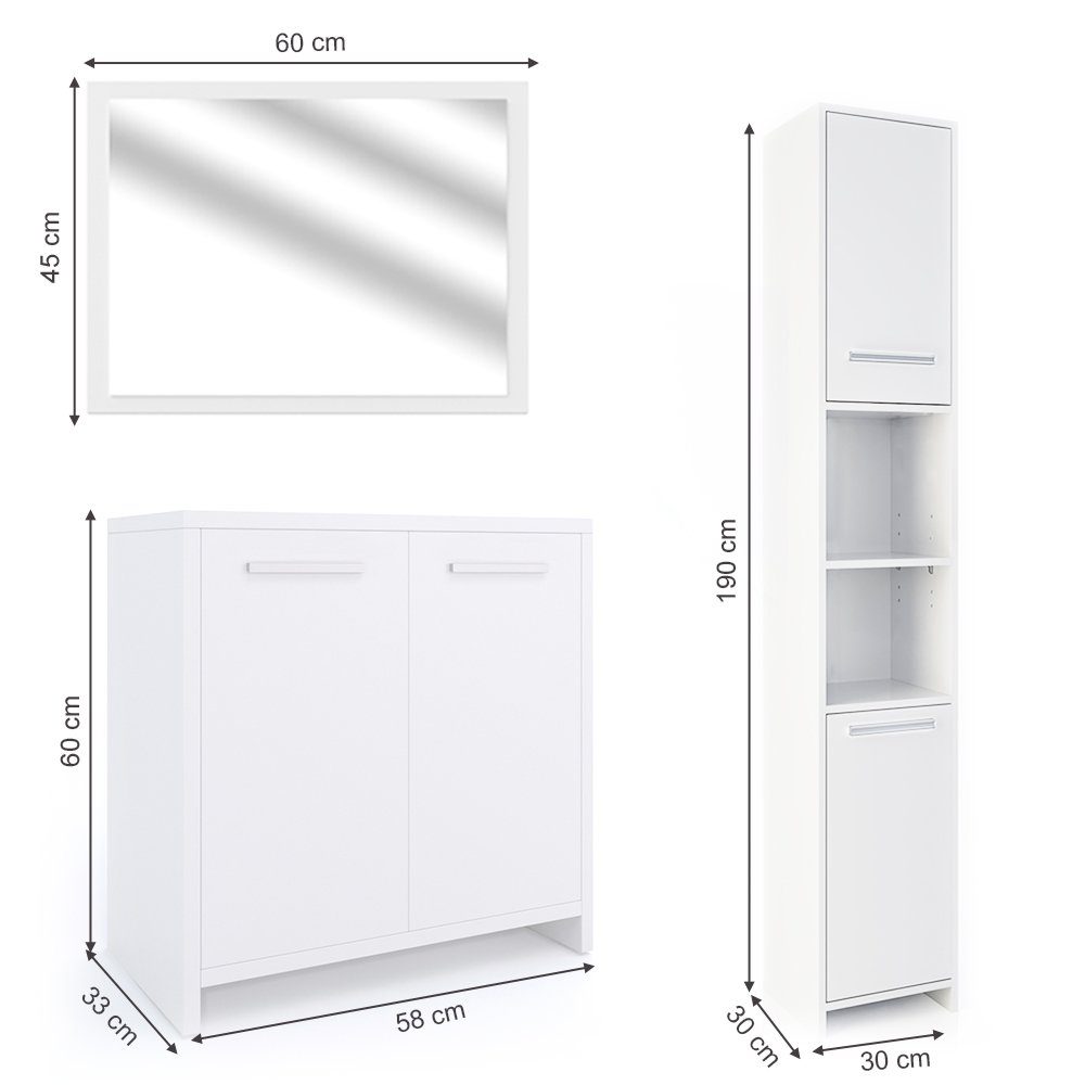 Vicco Badmöbel-Set Badezimmerset KIKO Weiß Set 3, (3-er Set, 3-St., 3-er Set)