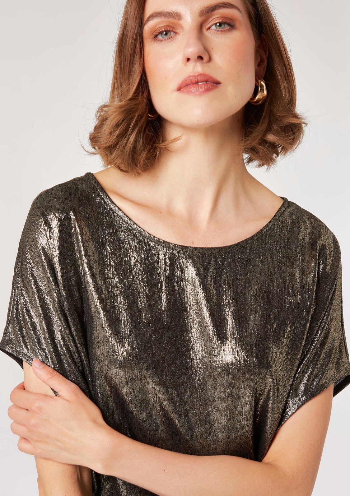 Apricot Shirttop Solid Sparkle Cocoon Top (1-tlg) im Metallic-Look