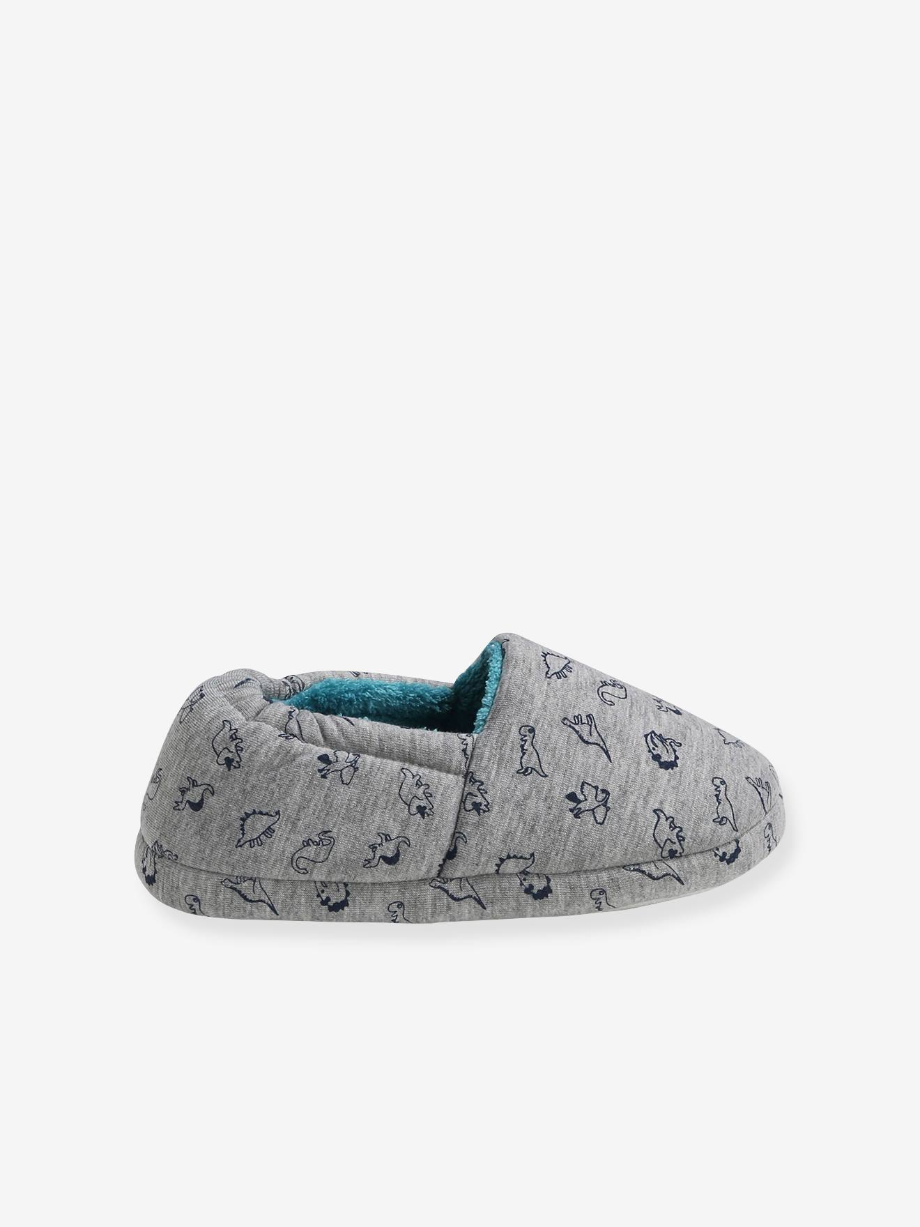 Chaussons intérieur peluche garçon dinosaures gris
