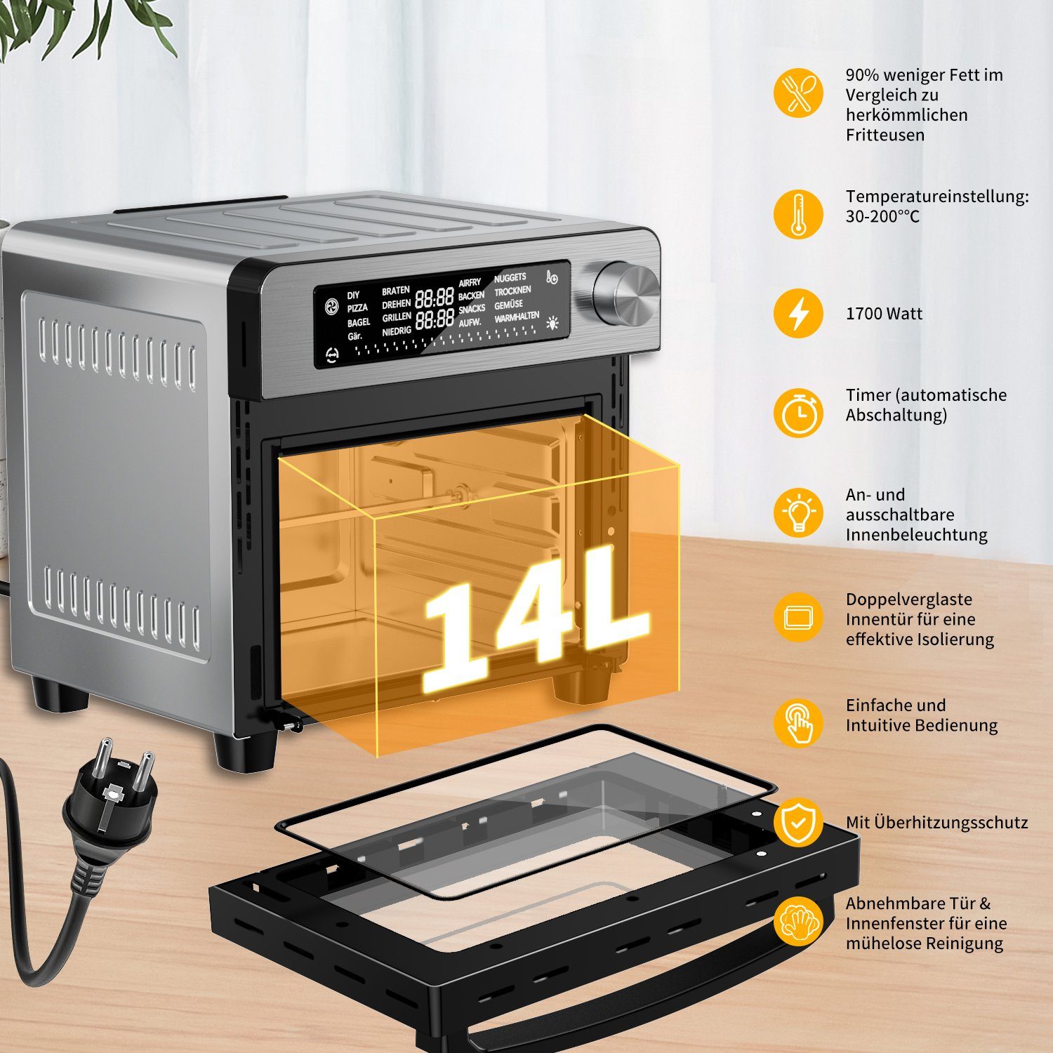 JOEAIS Heißluftfritteuse 14L XXL Ohne Öl Air Fryer 1700W Heizluft Fritteuse LED-Touchscreen, Airfryer Einstellbare Zeit/Temperaturregelung für Luftbraten, Braten