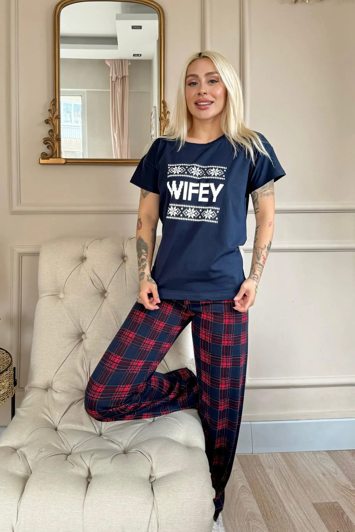 Pijamaevi  Marineblaues Wifey Kurzarm-Pyjama-Set für Damen von Dear Family