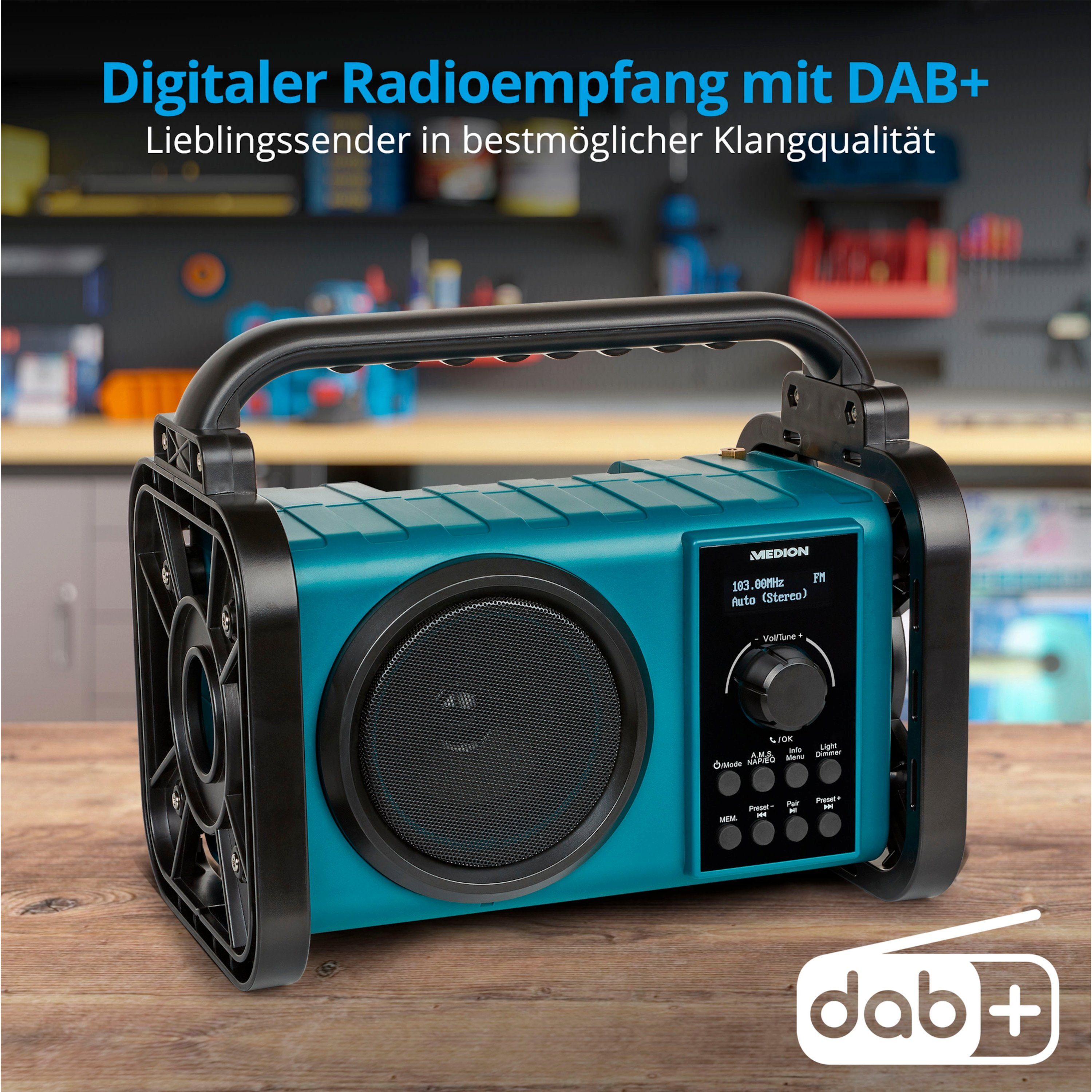 Medion® E66877 Baustellenradio, LC-Display, Bluetooth, IP44, LED-Licht Baustellenradio (AM/FM, MW/UKW, DAB+, 5 W, MD43877)