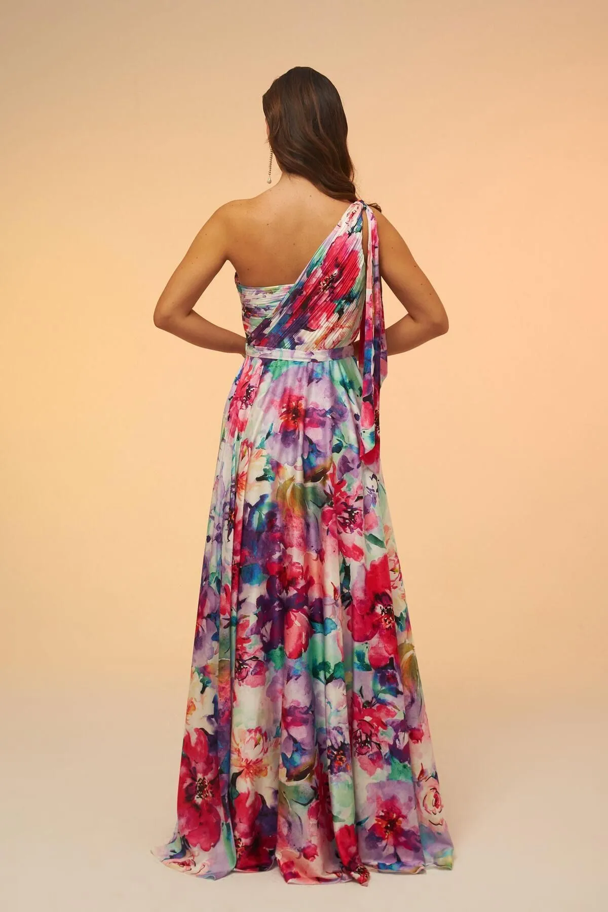 Carmen  Fuchsia bedrucktes, einärmliges langes Abendkleid