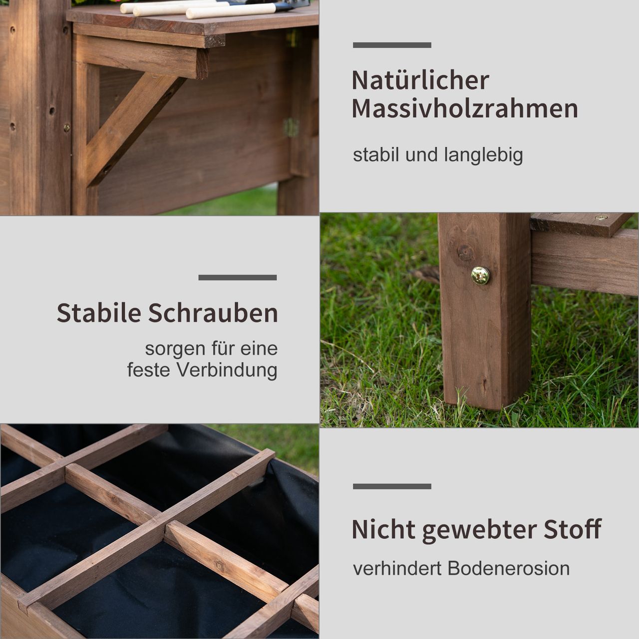 Outsunny Hochbeet Pflanzkasten mit 8 geteilten Gittern faltbare Ablage Blumenkasten Blumentopf Kräuterbeet Massivholz Braun 123 x 54 x 74 cm