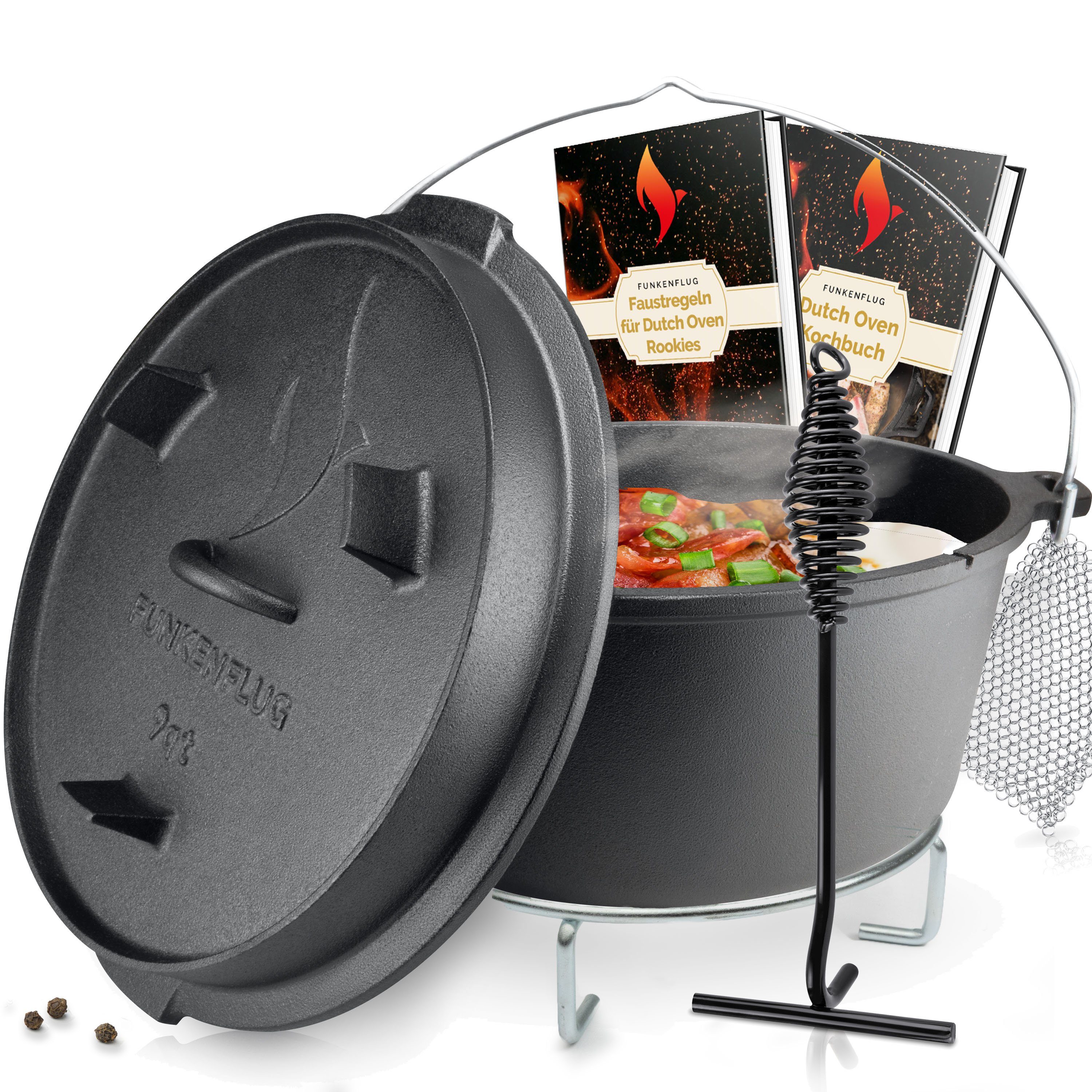 Funkenflug Feuertopf Eingebranntes Dutch Oven Set - für gesellige Grill Abenteuer, Gusseisen (Dutch Oven Set, Braeter, 5-tlg., - BBQ Feuertopf aus massivem dickwandigen Gusseisen), inkl Edelstahluntersetzer & Dutch-Oven Zubehör Set