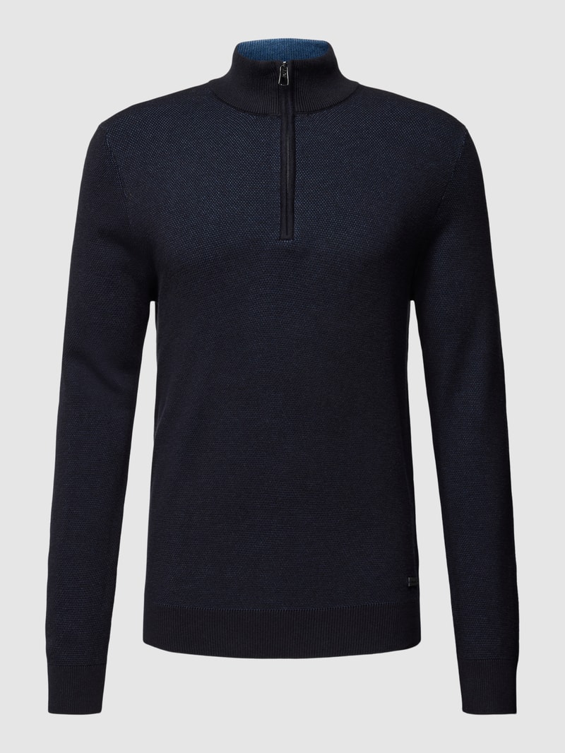 Strickpullover mit Troyer-Kragen und Reißverschluss in marineblau