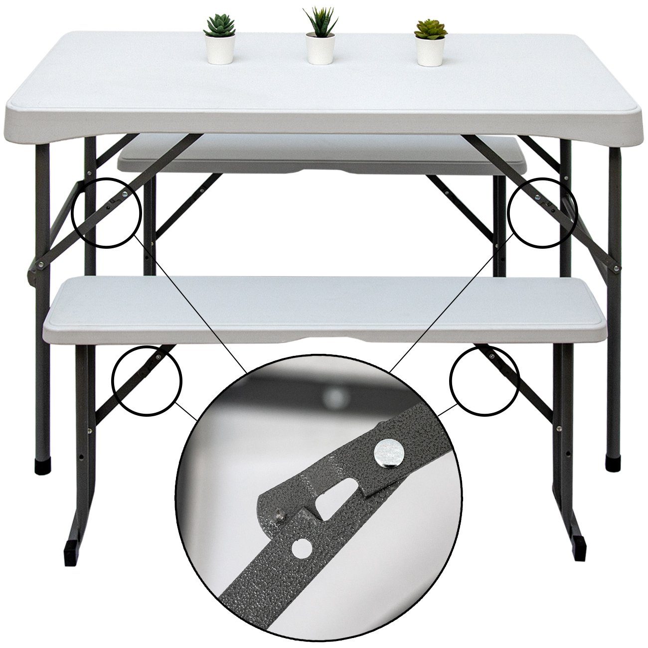AMANKA Bierzeltgarnitur Bierzeltgarnitur für 4 Personen Tisch Set+2 Bänke, 112 x 61 cm Kunststoff Weiß