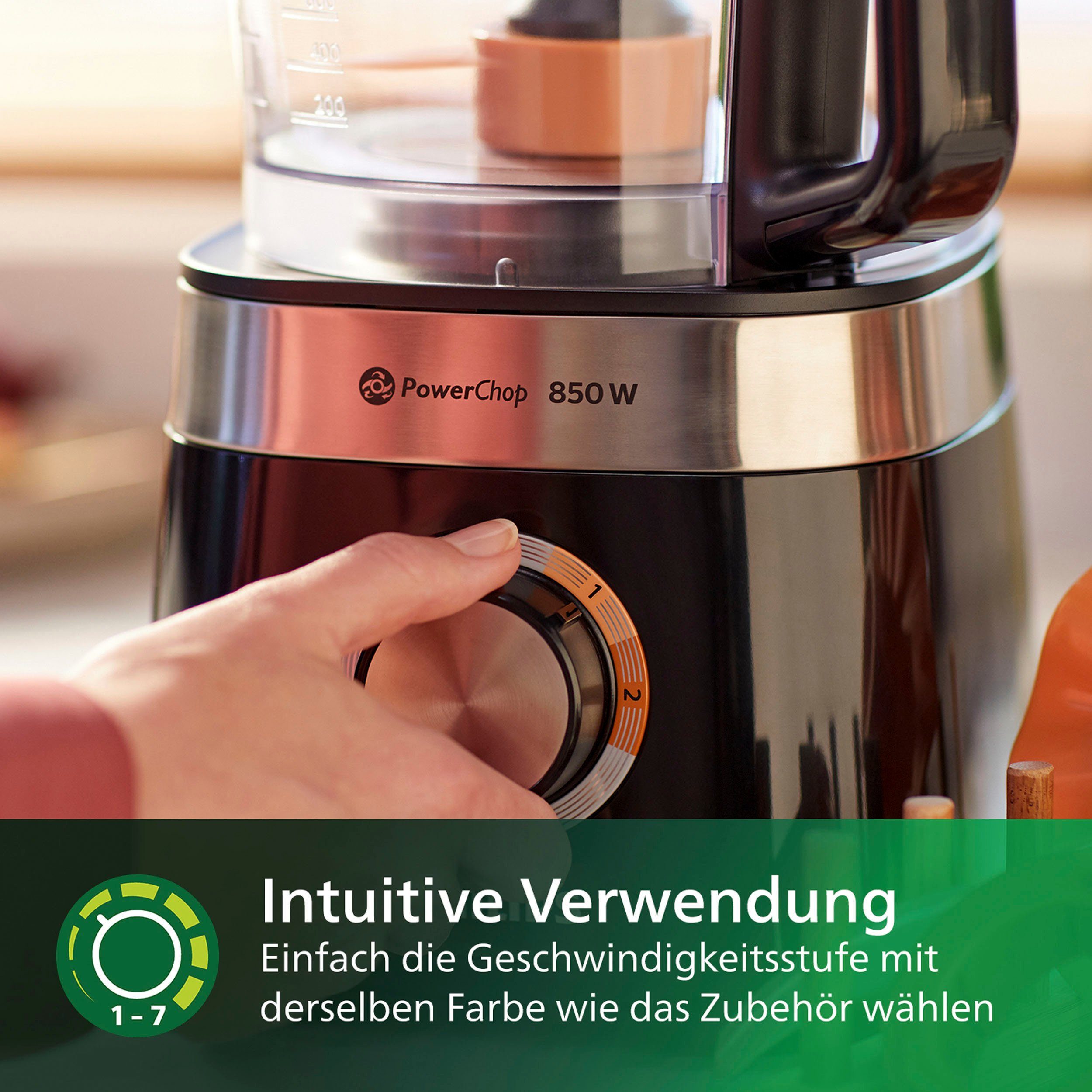 Philips Küchenmaschine HR7530/10, 850 W, 2,1 l Schüssel, 31 Funktionen, 2-in-1 Schneidescheibe, Zitruspressenaufsatz