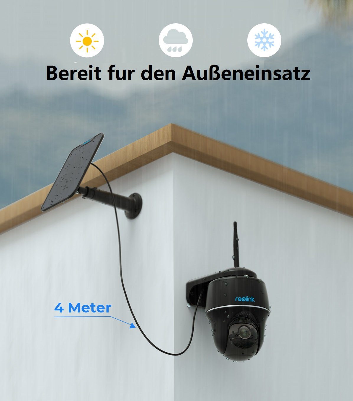 Reolink Argus PT Pro+SP 4MP PTZ Akku- oder solarbetriebene 2,4/5GHz WLAN IP Überwachungskamera (Außenbereich, PIR-Erkennung, IR-Nachtsicht, Could-Speicherung)
