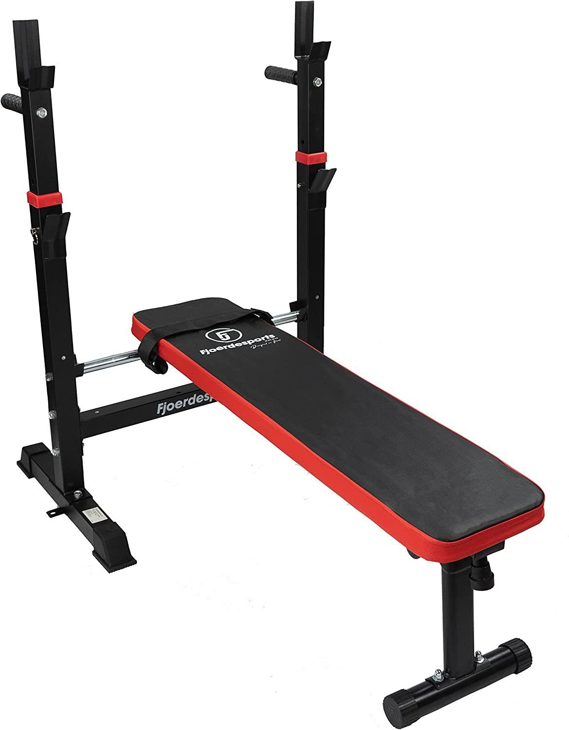 Fjoerdesports Hantelbank Faltbare Hantelbank mit Ablage für Langhantel & Dip-Station, (Trainingsbank mit Polsterung, Krafttrainingsbank, Bankdrücken, Fitness, Workout, Krafttraining, Hanteltraining, Liegestütze, verstellbare Lehne, bequeme Polsterung