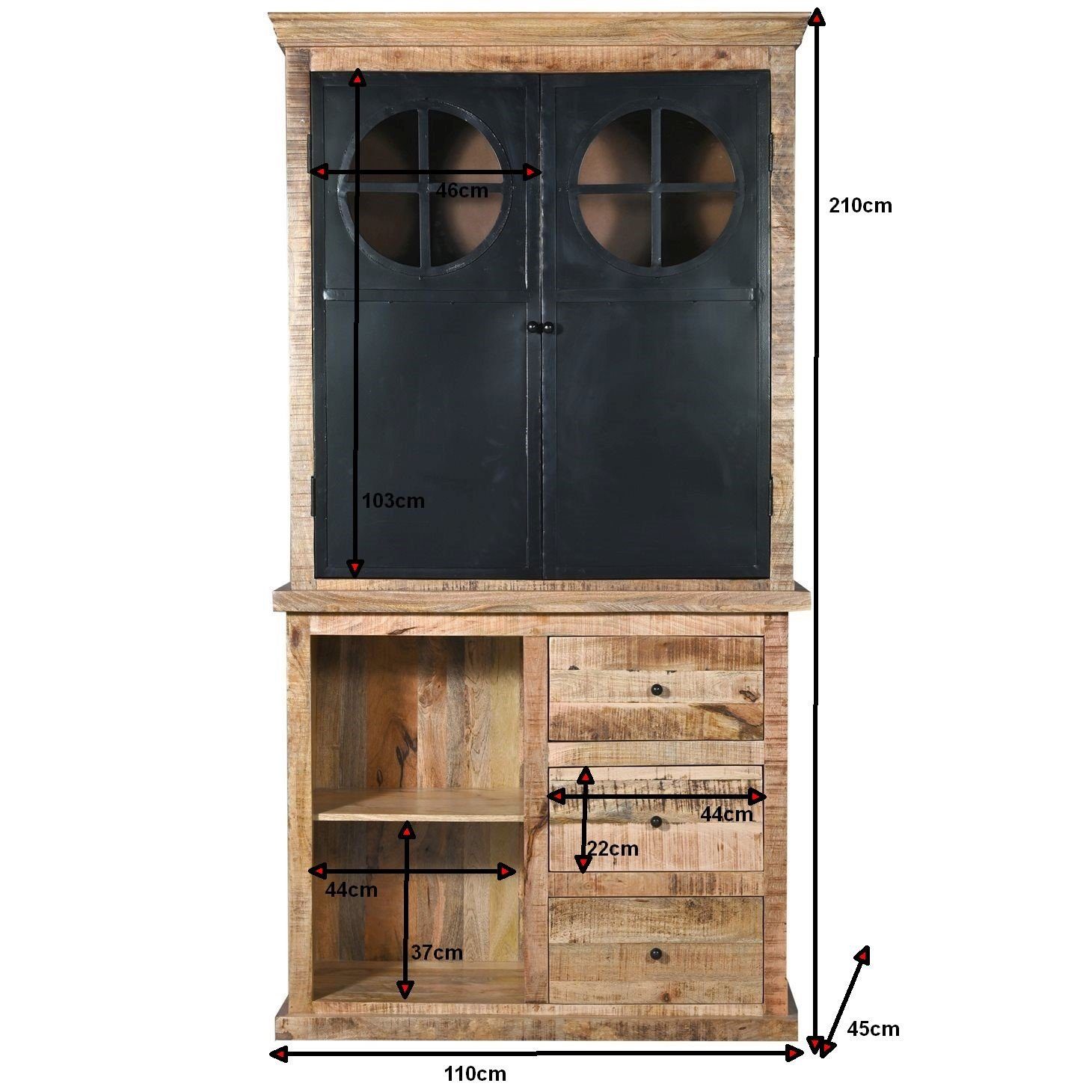 baario Buffet Schrank DEU 110cm Geschirrschrank Massivholz & Eisen Industrial Design