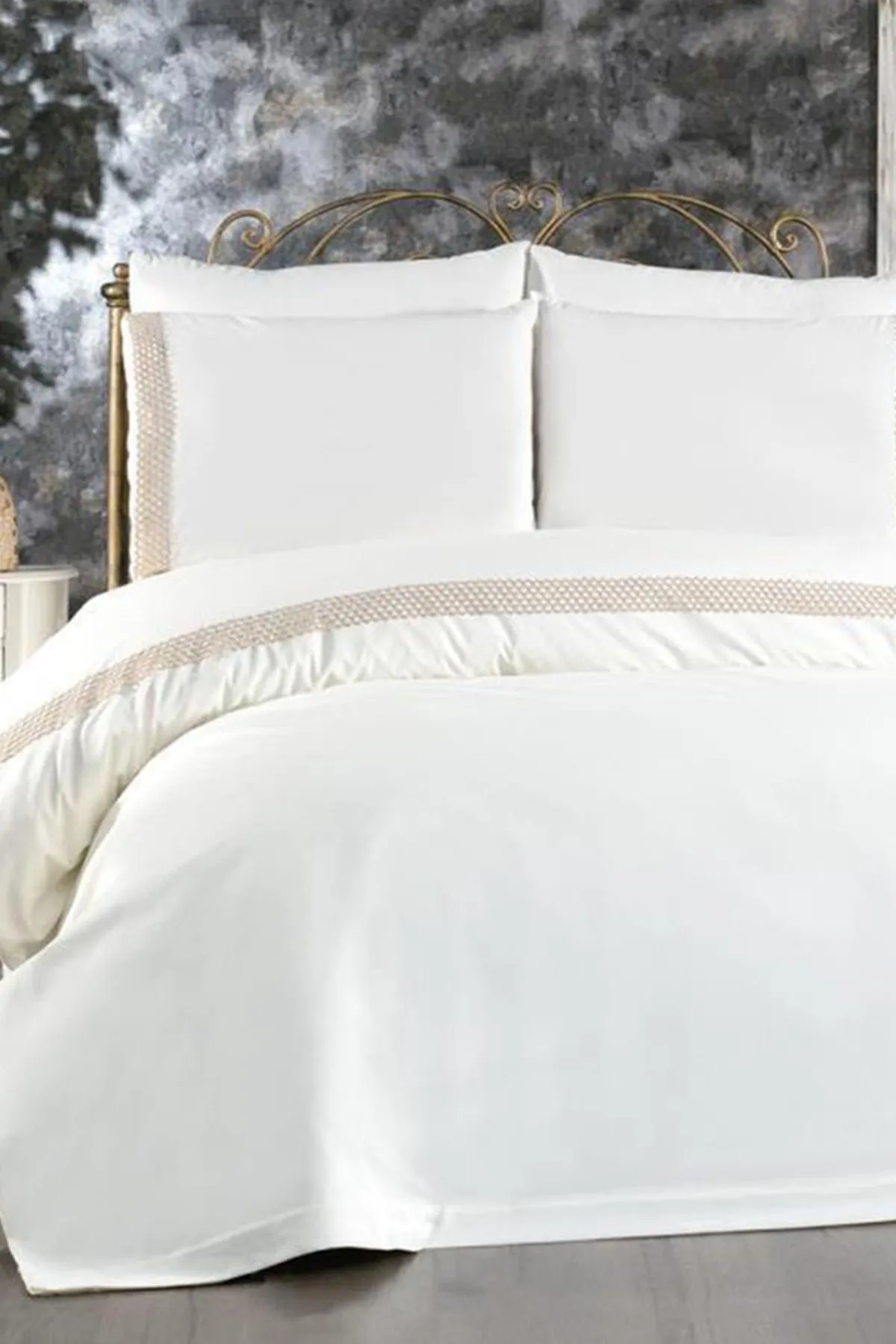 Çeyiz Diyarı  Tomira Lace 6-teiliges Doppelbett-Bettbezug-Set, Cremebeige