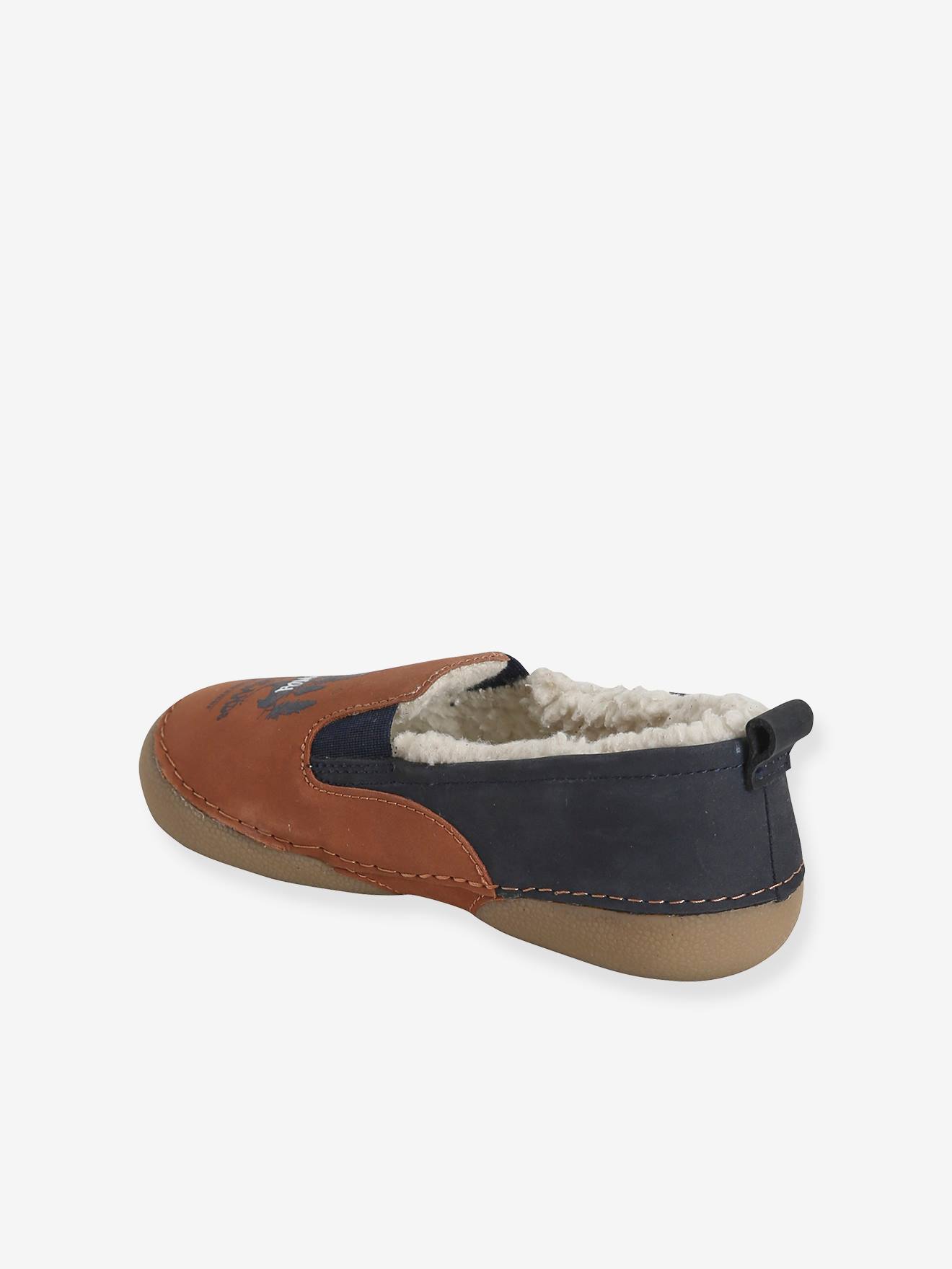 Chaussons fourrés garçon en cuir marron