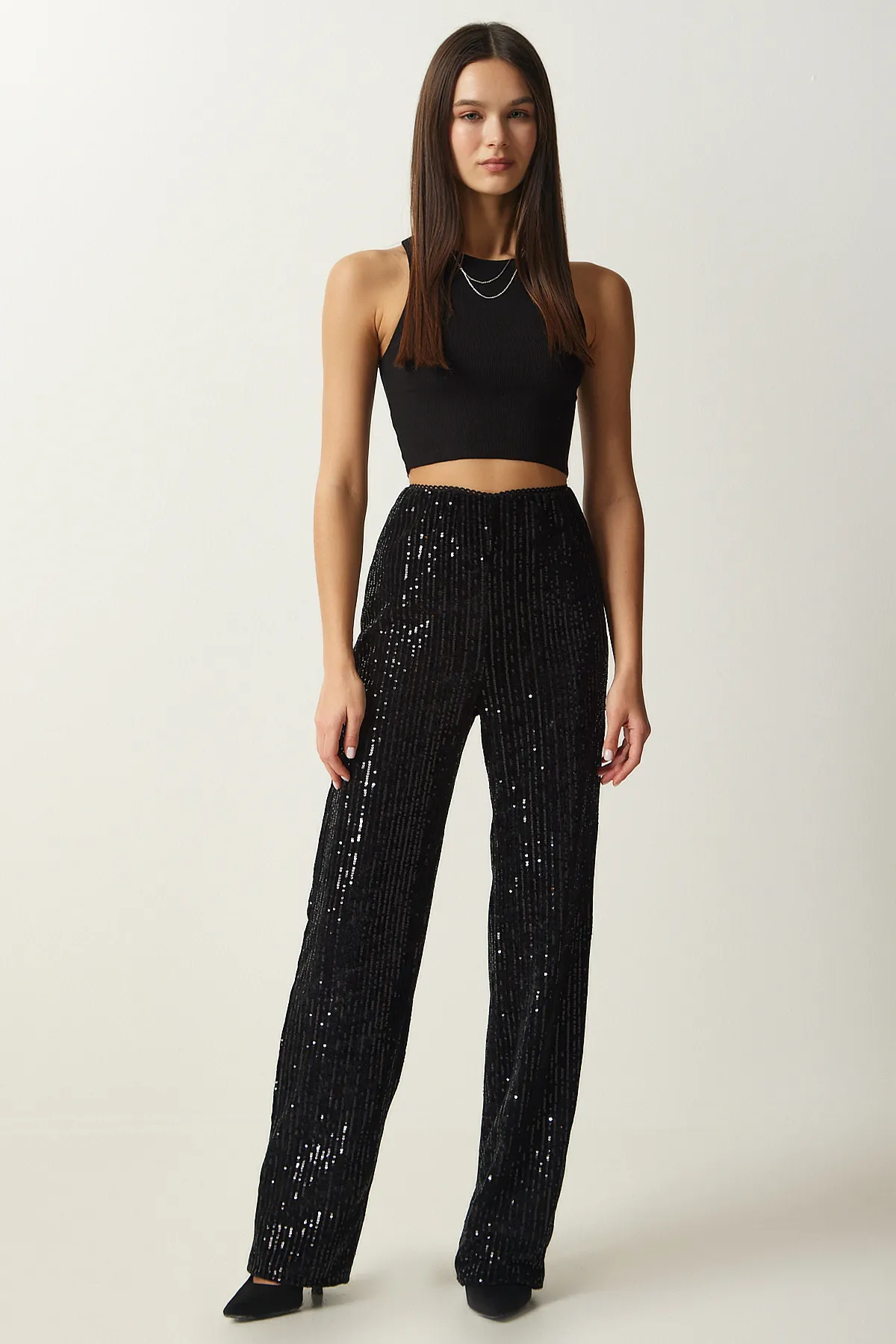 Happiness İstanbul  Schwarze Palazzo-Hose mit Pailletten für Damen MC00250