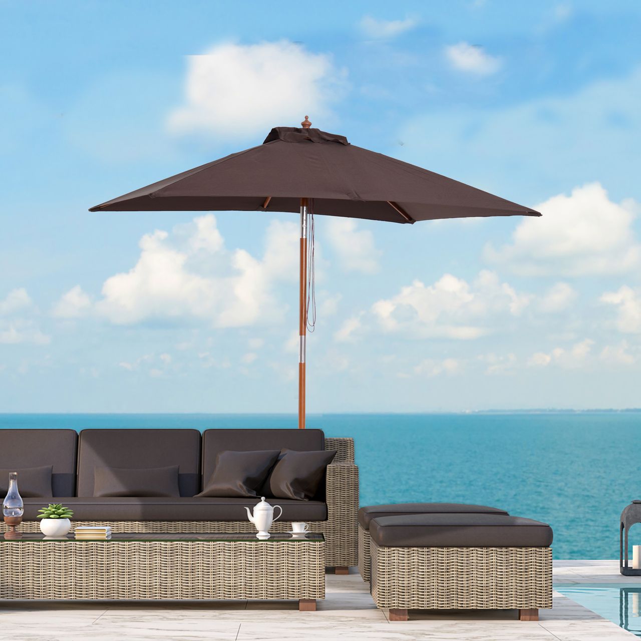Outsunny Sonnenschirm Knickbarer Gartenschirm Strandschirm 3-stufig einstellbar Tannenholz Polyester Kaffee 200 x 150 x 230 cm