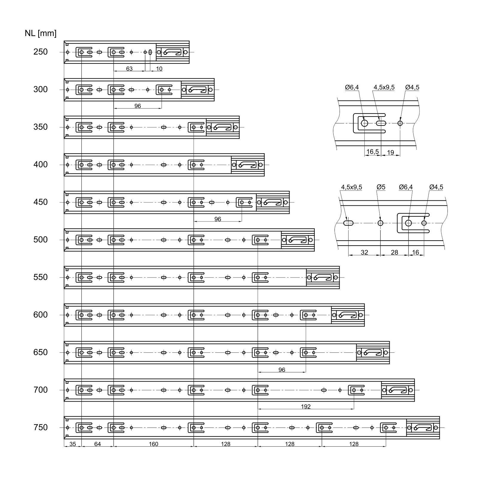 SO-TECH® Auszug Vollauszug kugelgelagert mit Tragkräften 35 oder 45 kg (2 St), mit Tragkräften 35 oder 45 kg, Längen 250 - 750 mm