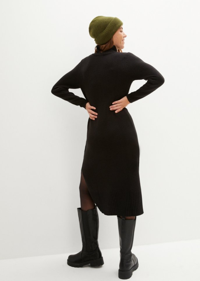 Strickkleid in Midi-Länge mit Stehkragen und Schlitzen