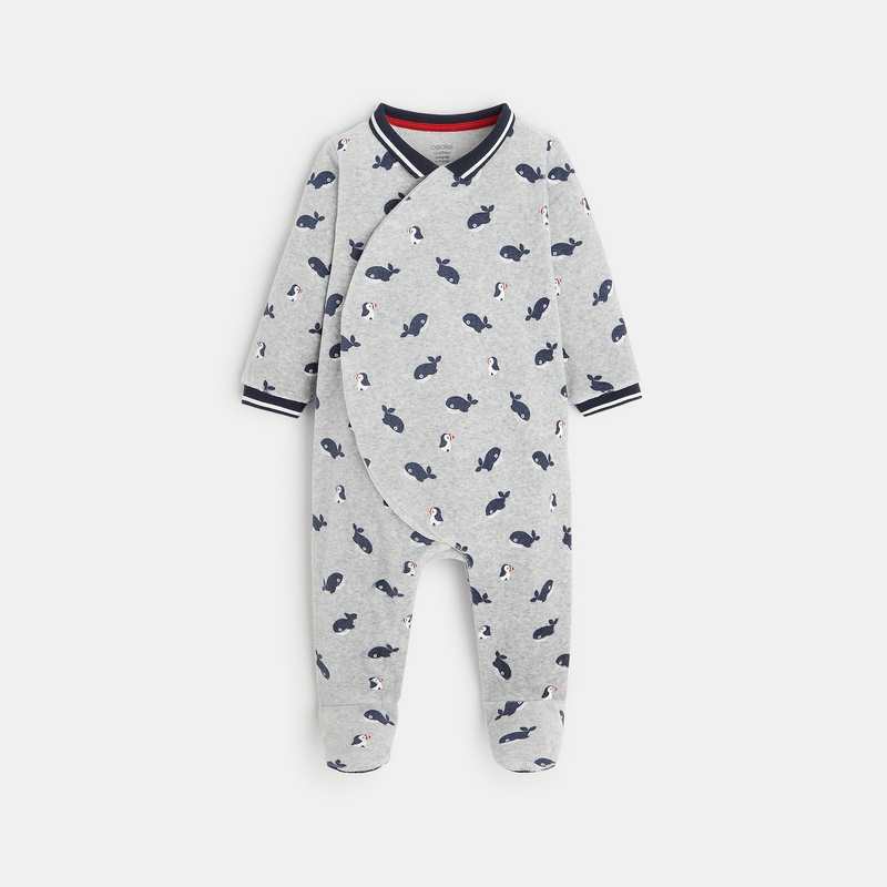 Dors-bien velours baleines et pingouins gris bébé garçon