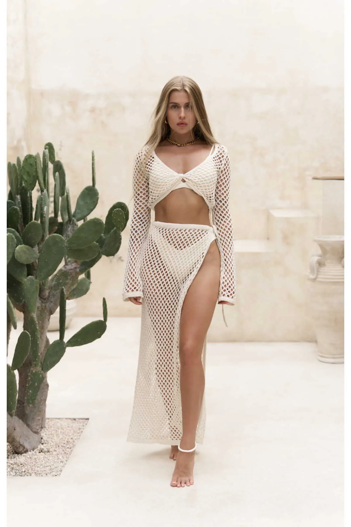 BOHEMAİ  Rubina Beige Strick-Crop-Rock-Set
