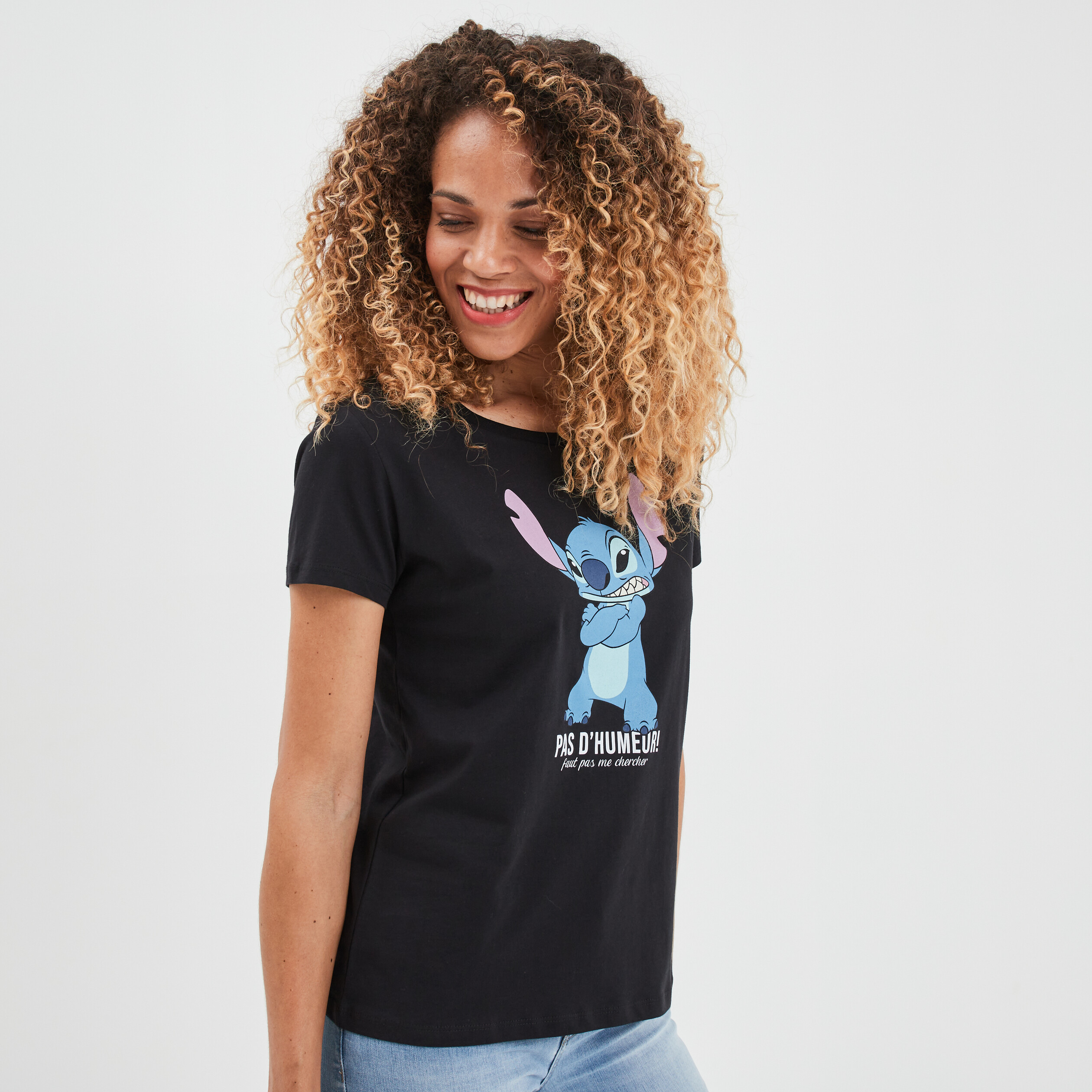 T-shirt ajusté coton Lilo et Stitch noir femme | La Halle