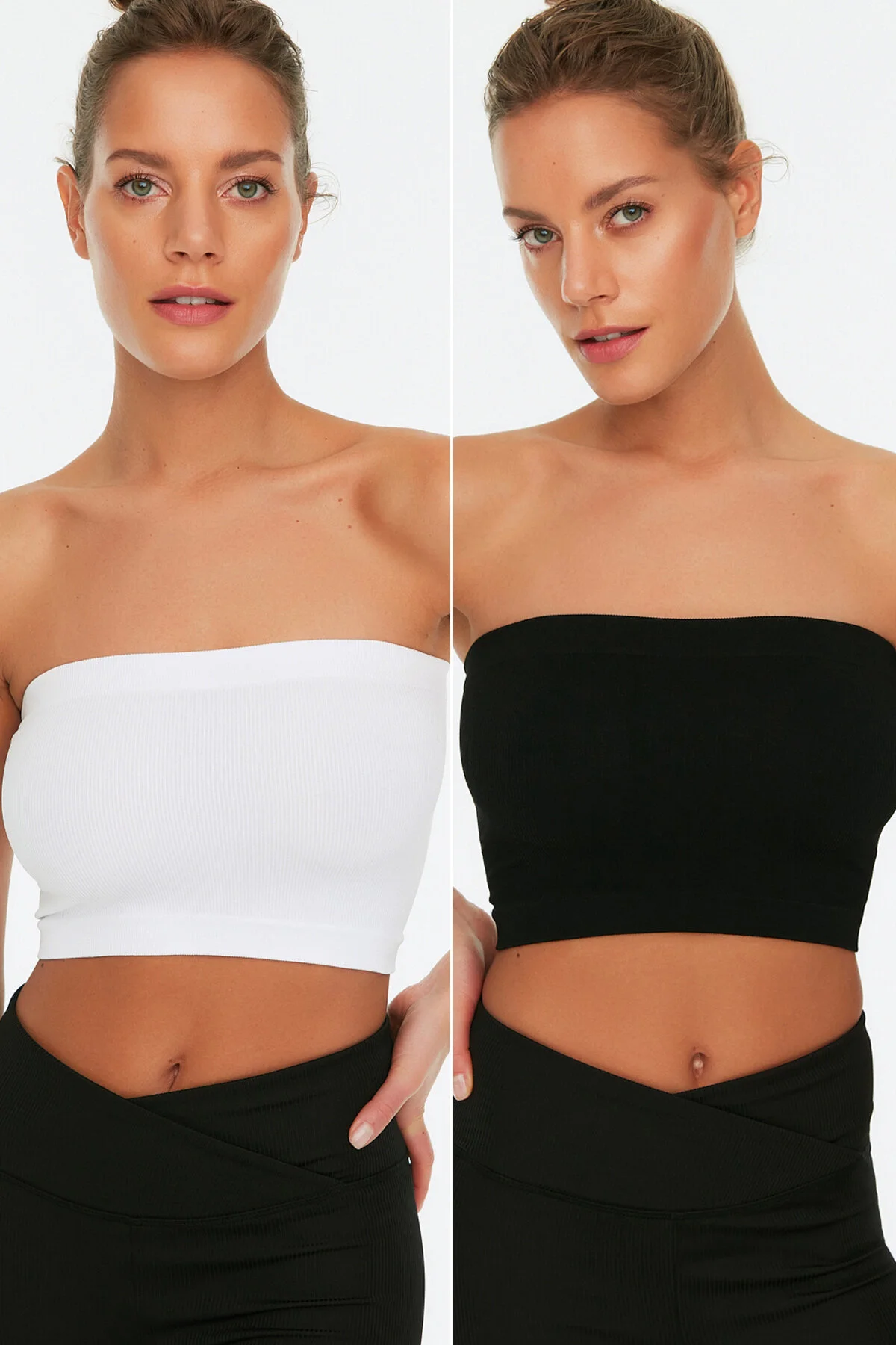Trendyol Collection  Schwarz-weißer 2er-Pack nahtloser/nahtloser, gerippter, trägerloser gestrickter Sport-BH TWOSS21SS0061