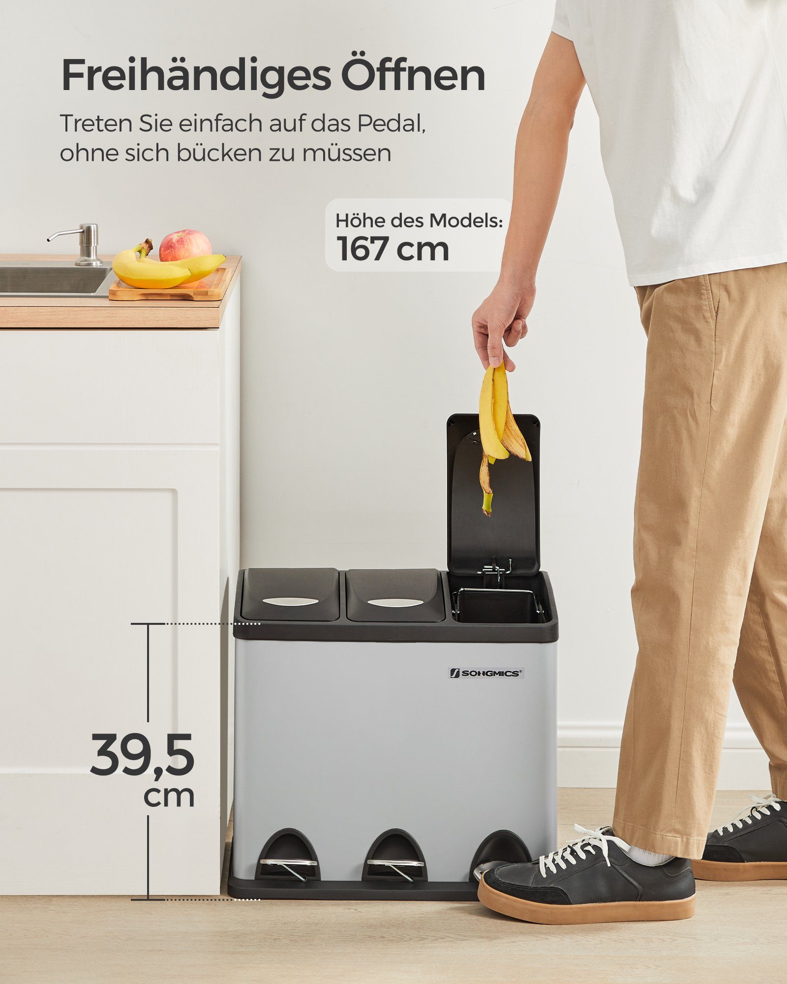SONGMICS Mülleimer Mülltrennsystem, aus Metall, 24 L, Küche