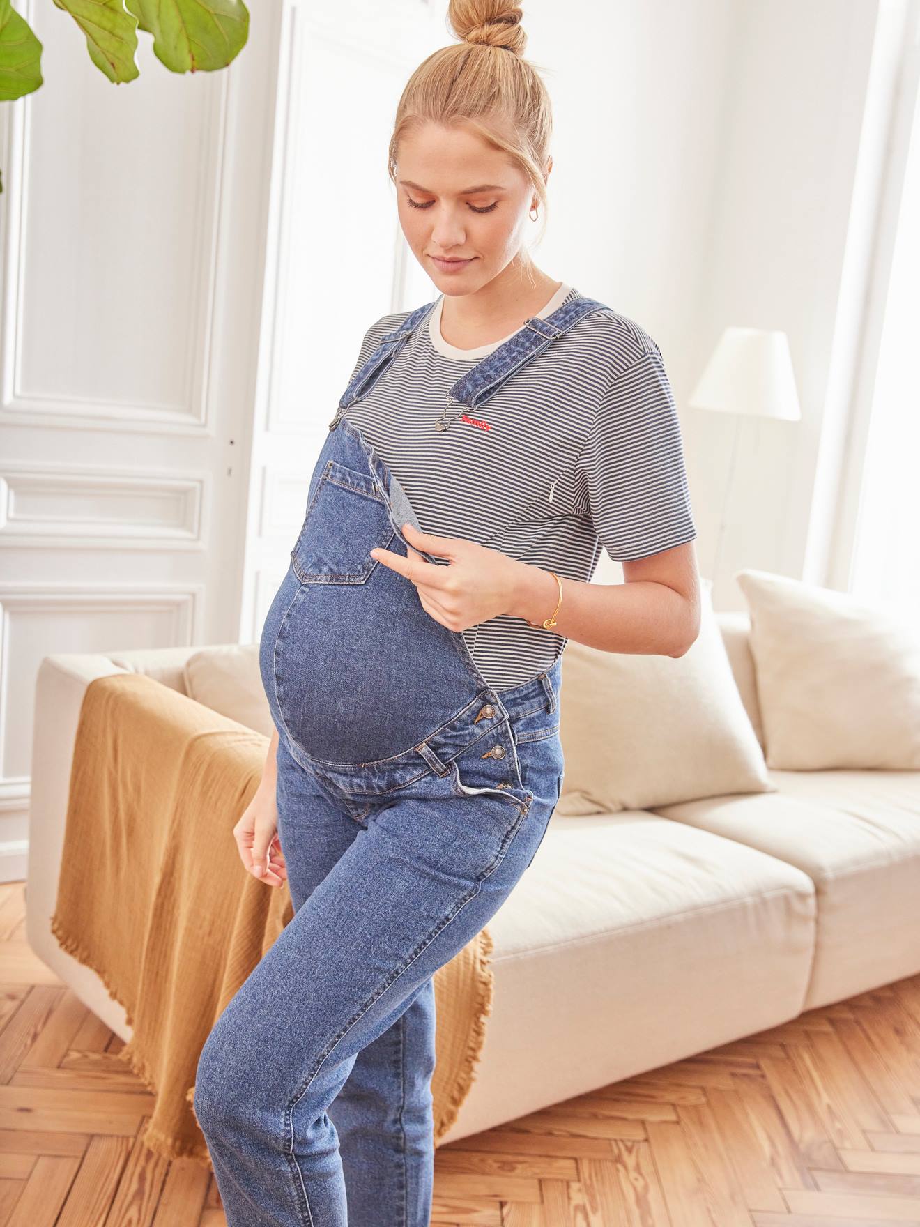 Salopette en jean coupe mom grossesse et allaitement double stone