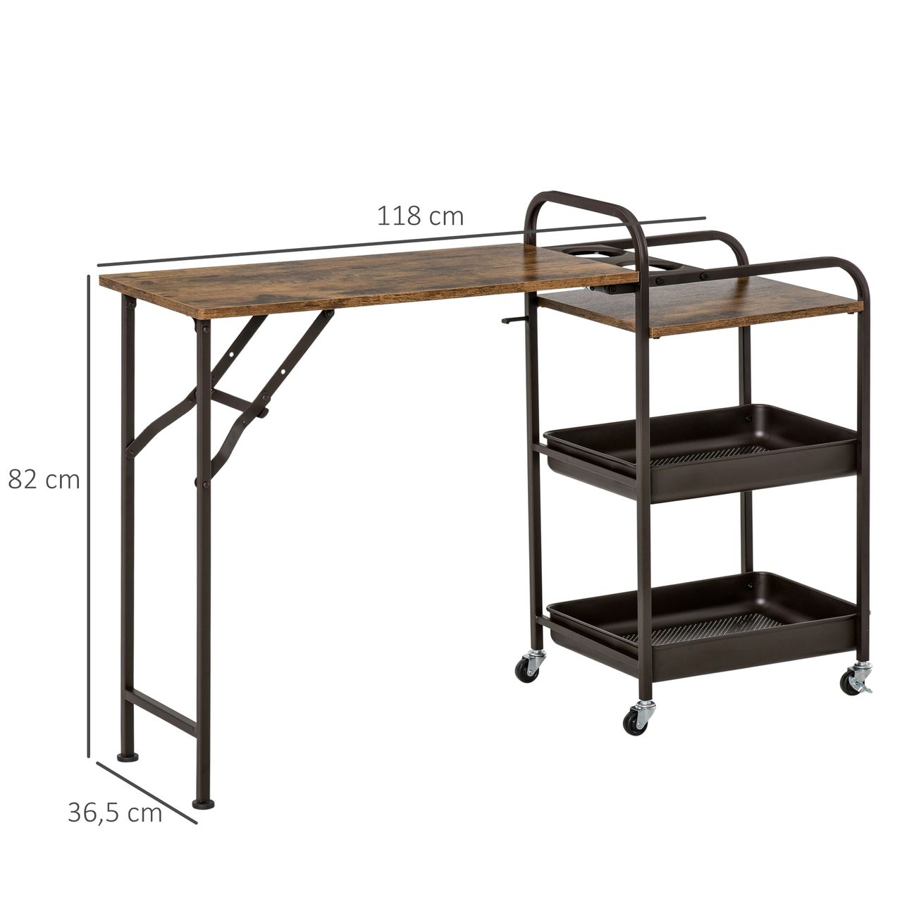 HOMCOM Küchenwagen Küchenrollwagen Servierwagen mit 1 klappbaren Tischplatte 2 Tabletts und 1 offenes Regal Rollen Verstellbare Fußpolster E1-Spanplatte Metall Rustikal-Braun 118 x 36,5 x 82 cm