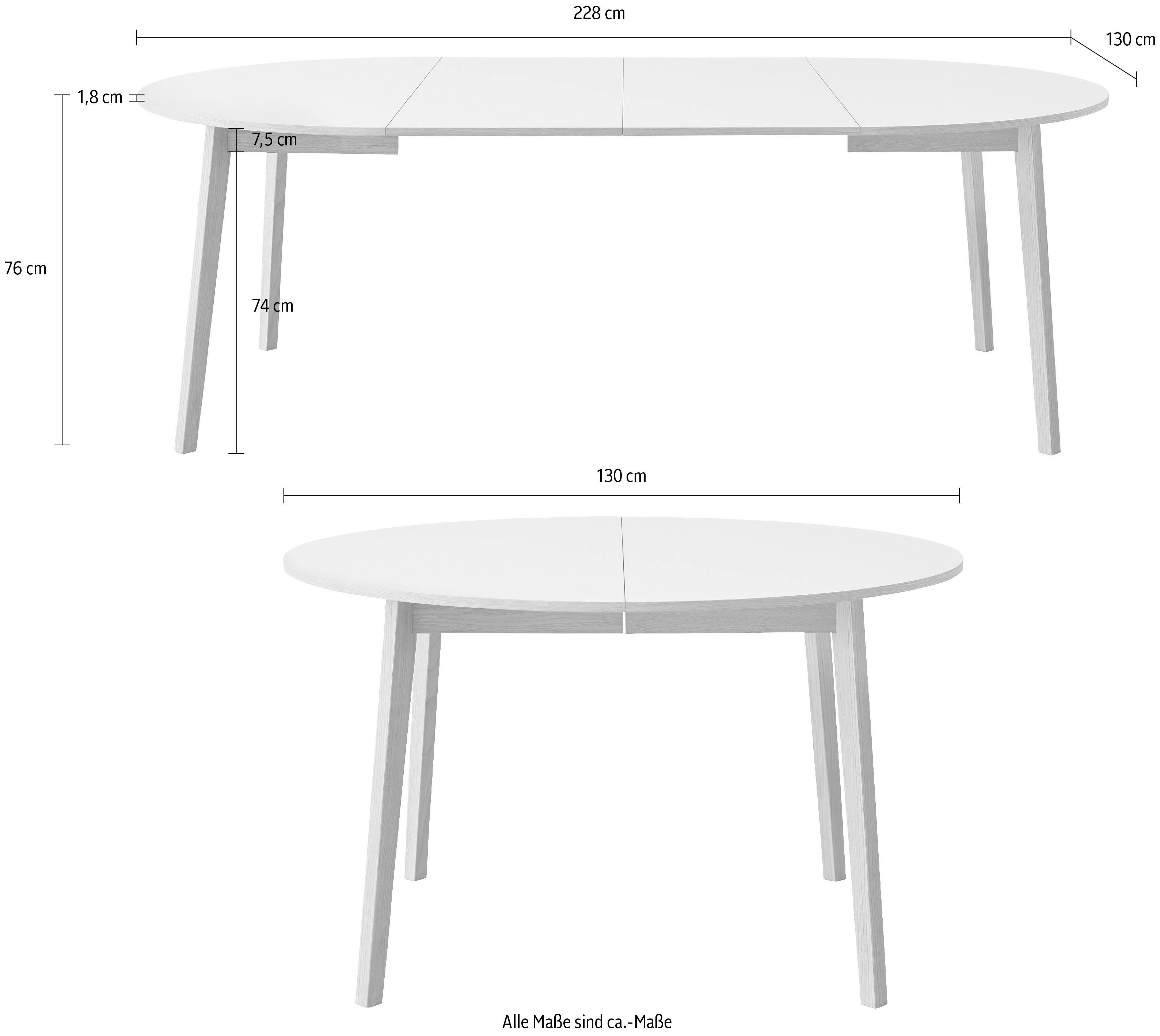 Hammel Furniture Esstisch Basic by Hammel Single, Ø130/228 cm, Gestell aus Massivholz, inklusive 2 Einlegeplatten