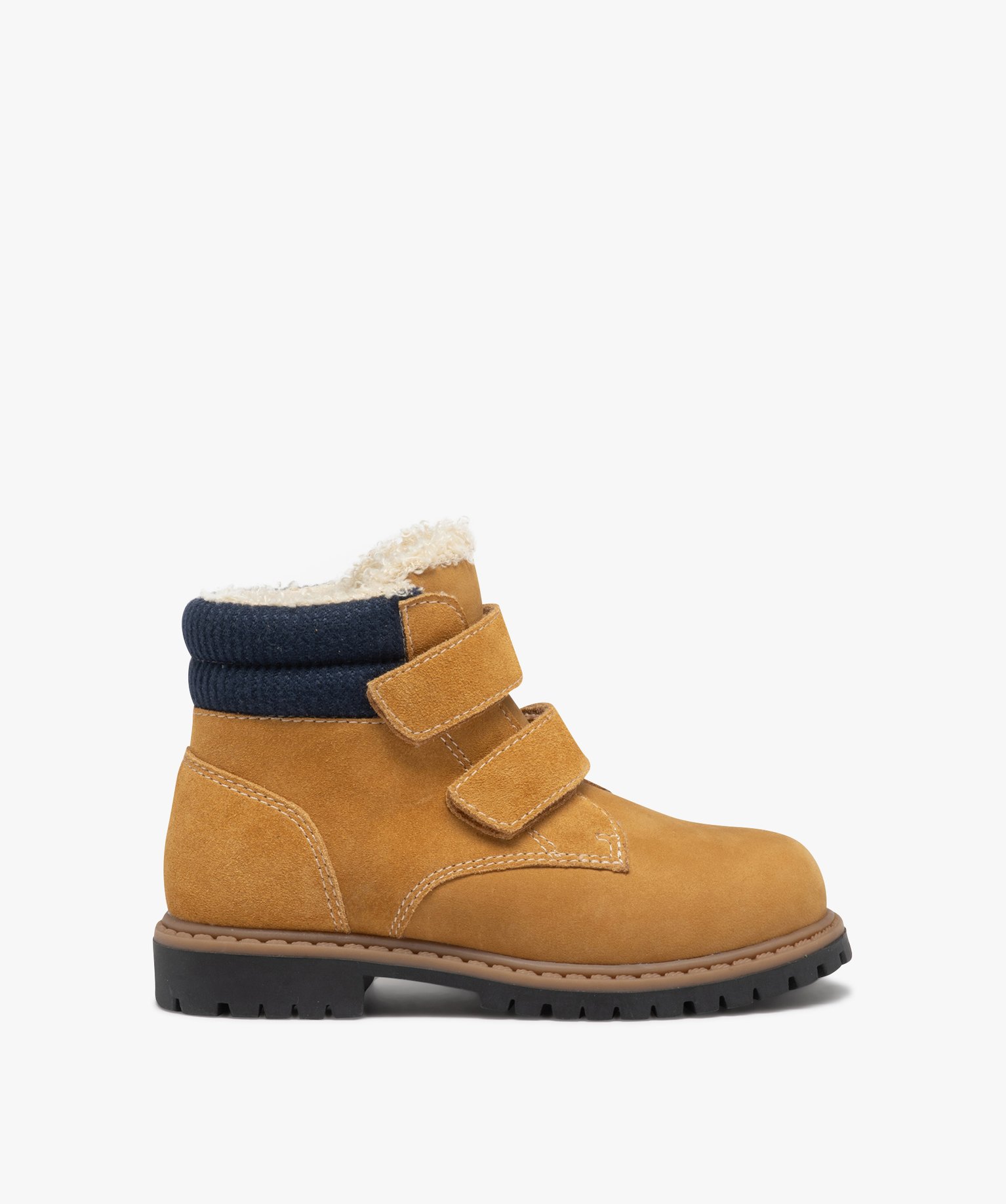 Boots Garçon unies à col fourré et à double scratch camel | GEMO