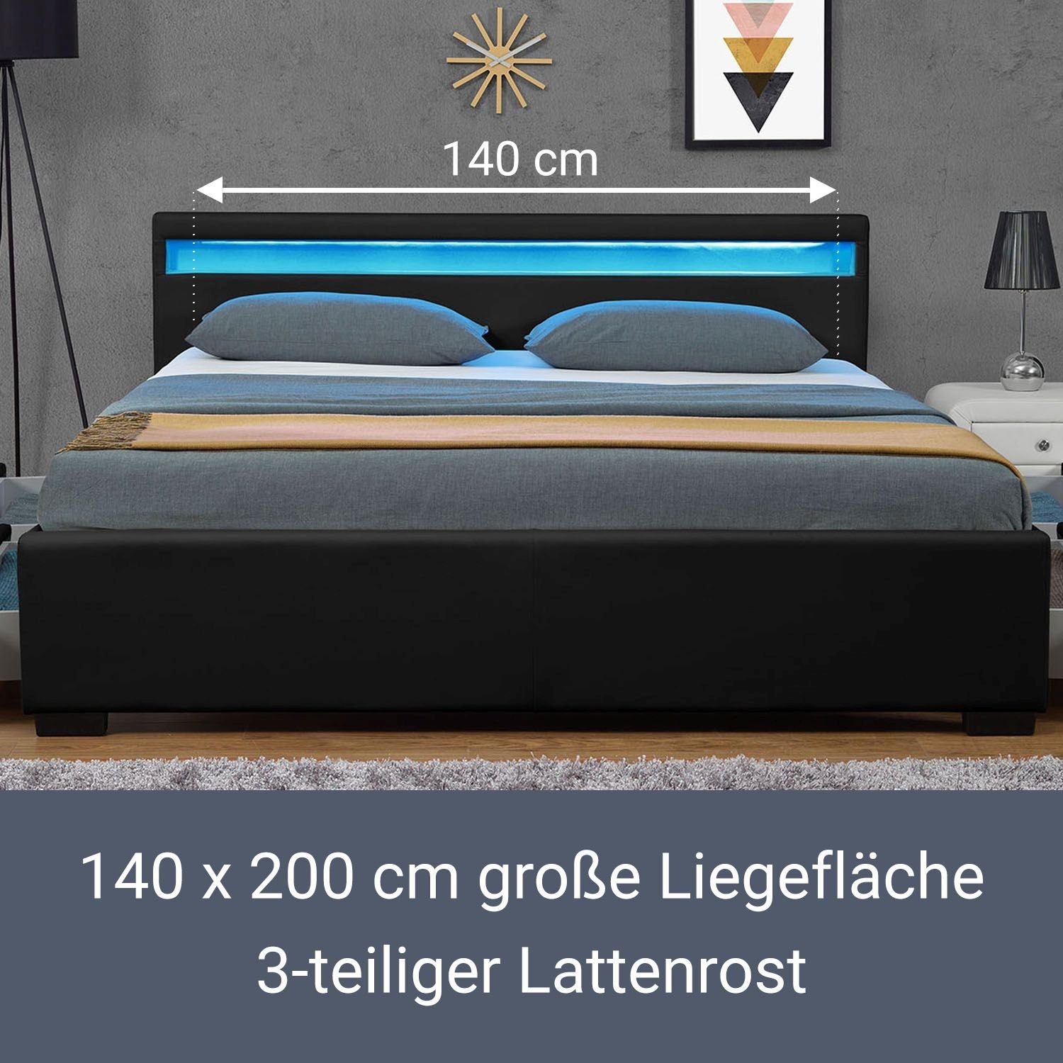 Juskys Polsterbett Lyon, 140x200 cm, ausziehbare Bettkästen, LED-Licht, gepolstertes Kopfteil