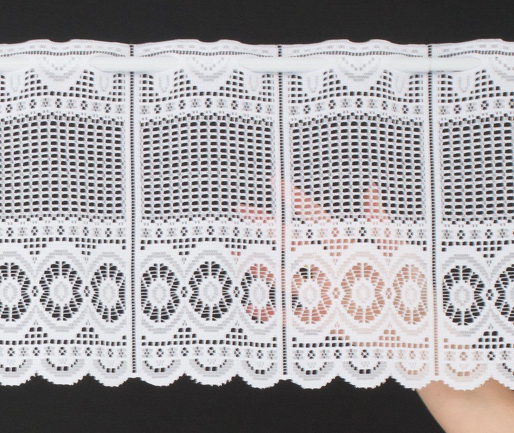 Scheibengardine nach Maß Jacquard gebogt Abschluss, Gardinen Kranzusch, Stangendurchzug (1 St), transparent, Kurzgardine, Stablöcher, transparent, verschiedene Höhen und Breiten
