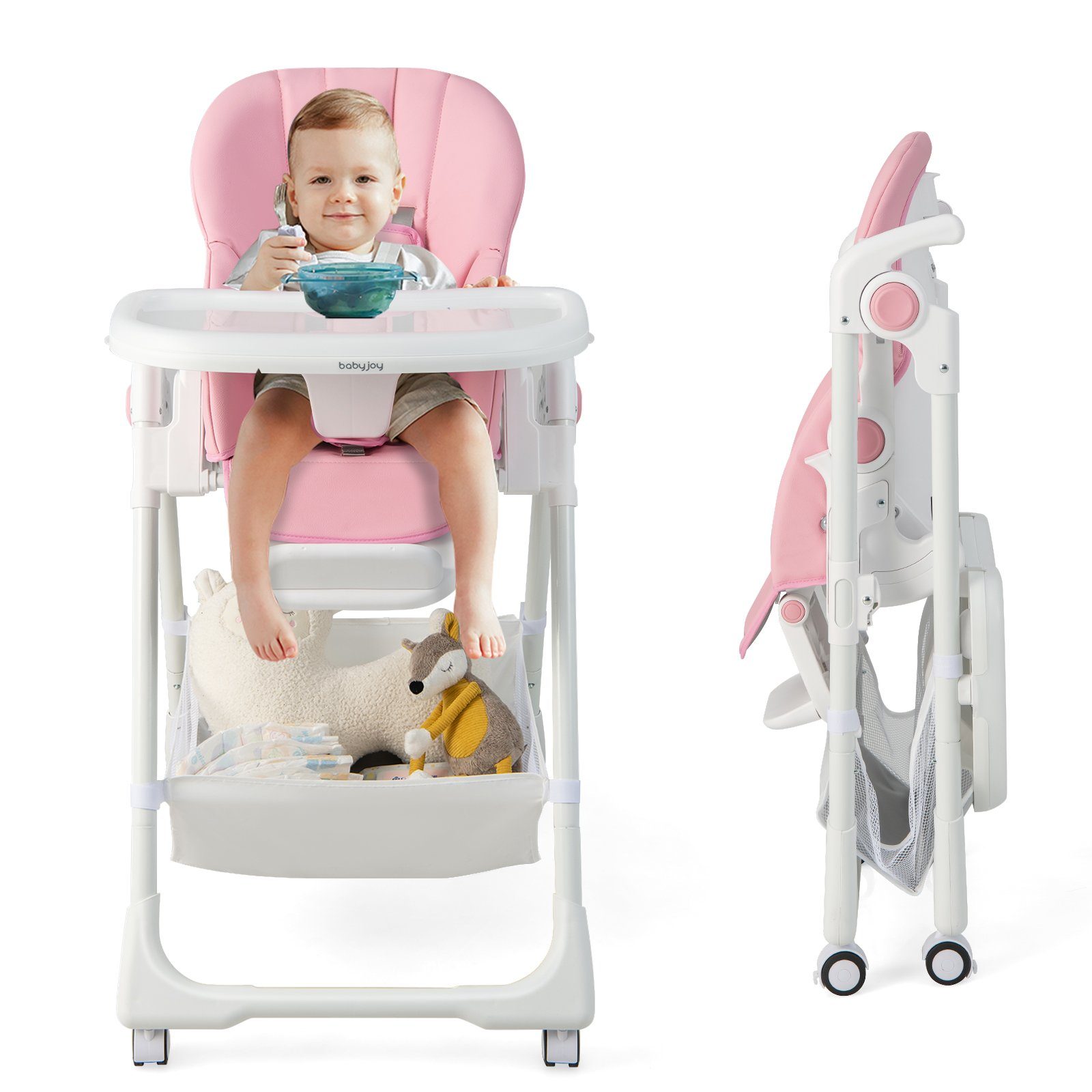 COSTWAY Hochstuhl Babyhochstuhl, klappbar, mit Aufbewahrungskorb, verstellbar