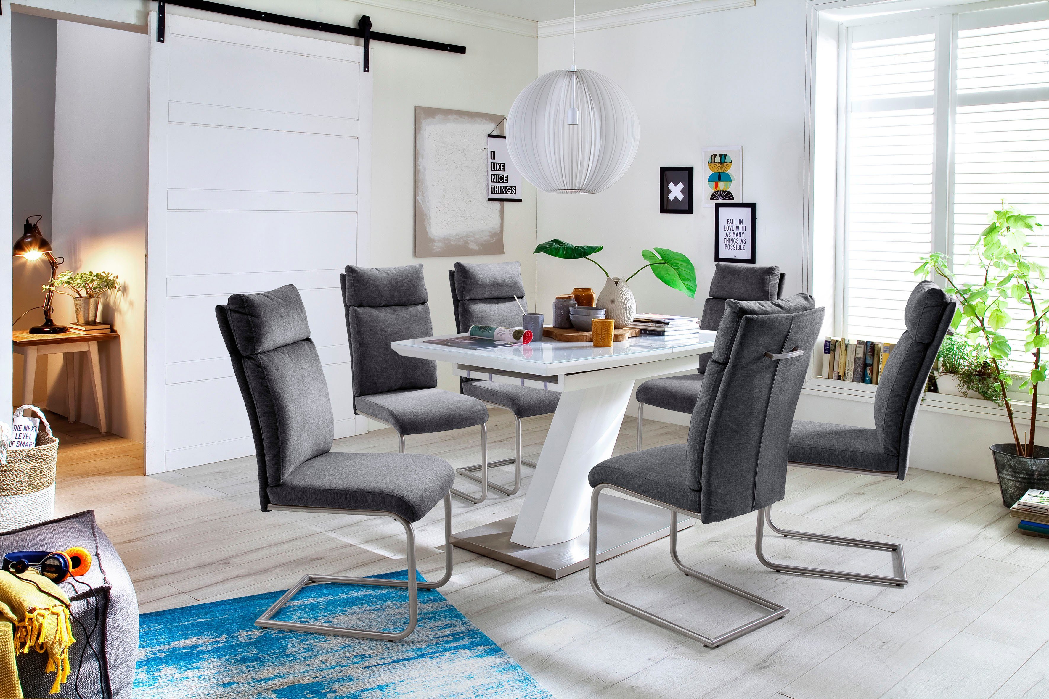 MCA furniture Esstisch Galina, Bootsform in weiß mit Synchronauszug vormontiert, Sicherheitsglas
