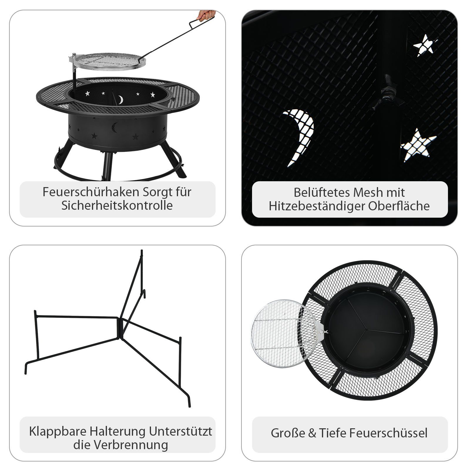 COSTWAY Feuerschale, Ø49cm, mit 360°Grillrost, höheverstellbar, mit Schürhaken