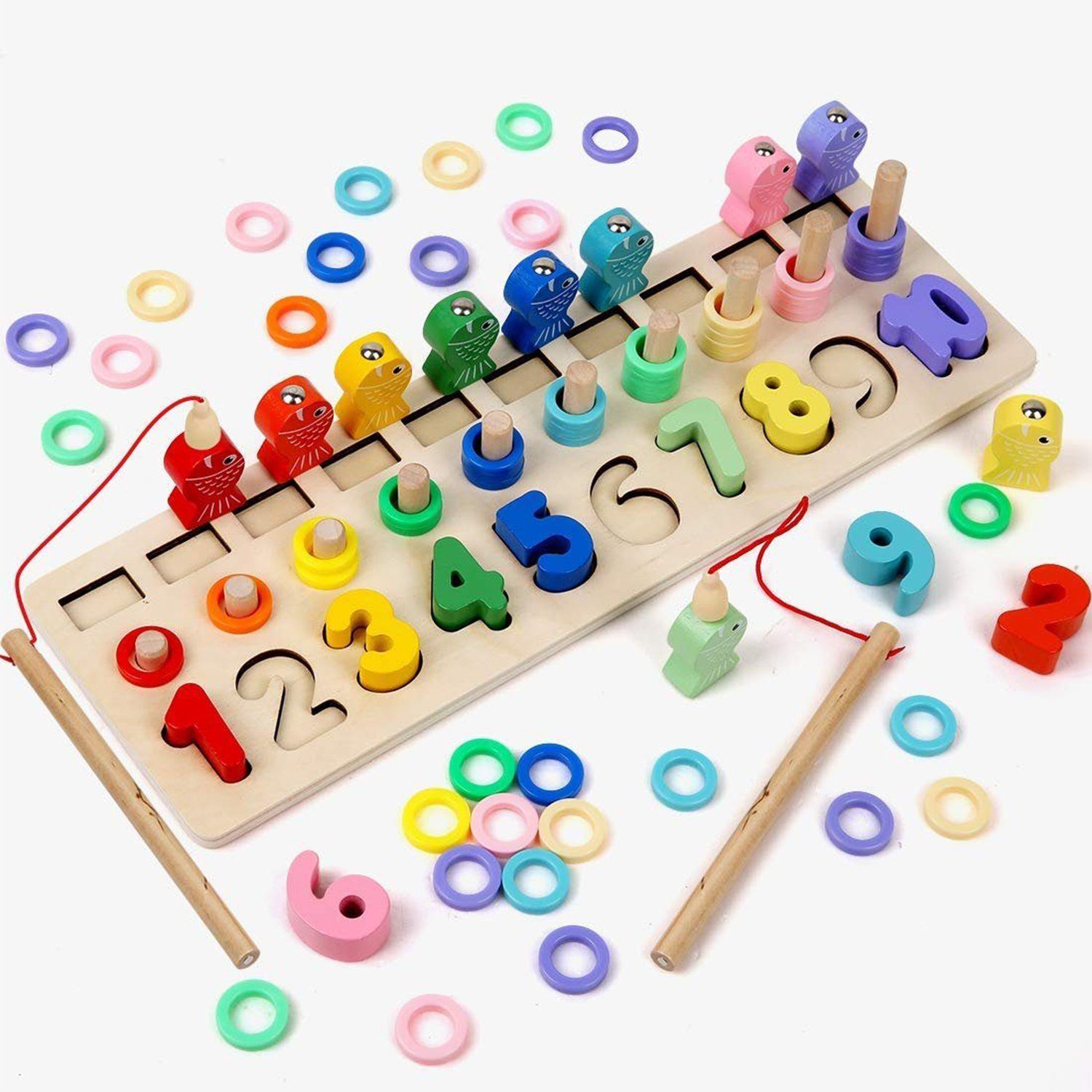 BeebeeRun Lernspielzeug Lernspielzeug Montessori Angelspiel (Multifunktionale Holzspielzeug Puzzlespiel, zum Erlernen von Zahlen und Farben für Kinder ab 3 Jahren)