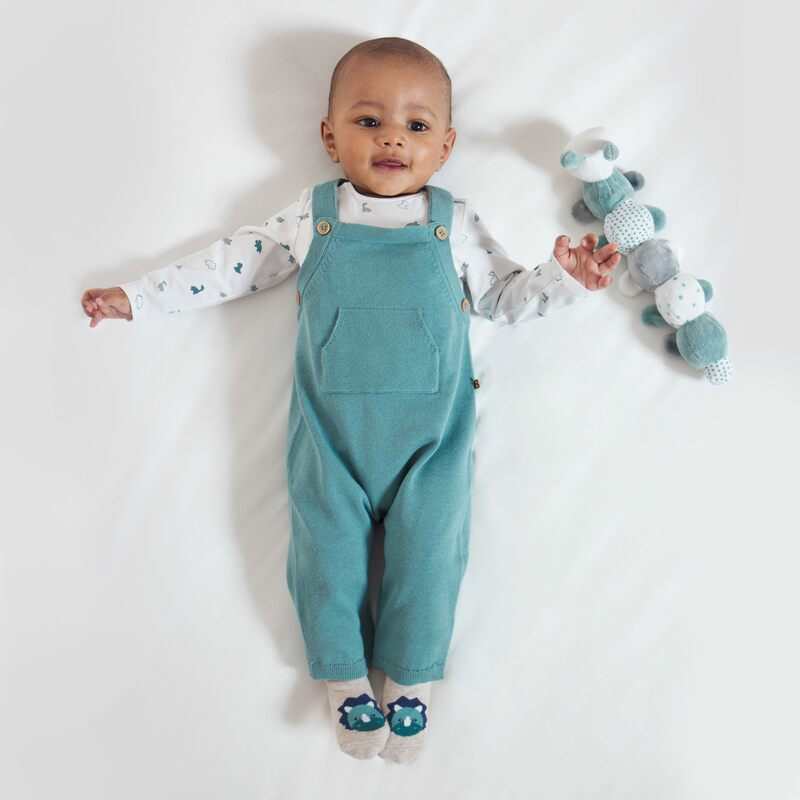Salopette en maille tricot et body dinosaures verte naissance